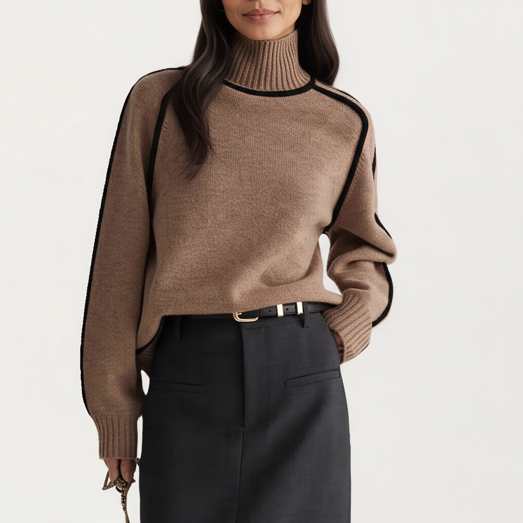 Anna-Kaci Women's Turtleneck Pullover Top with Contrast Trim Details and Ribbed Hemline for a Clean Modern Silhouette