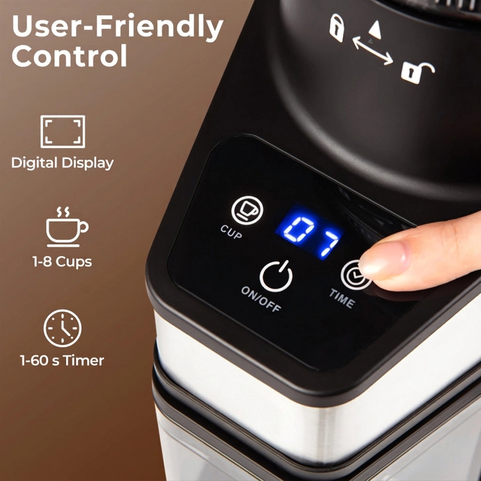 SUGIFT Conical Burr Electric Coffee Grinder 60 Grind Settings 8.8-oz Bean Hopper 1-8 Cups Digital Display Silver + Black