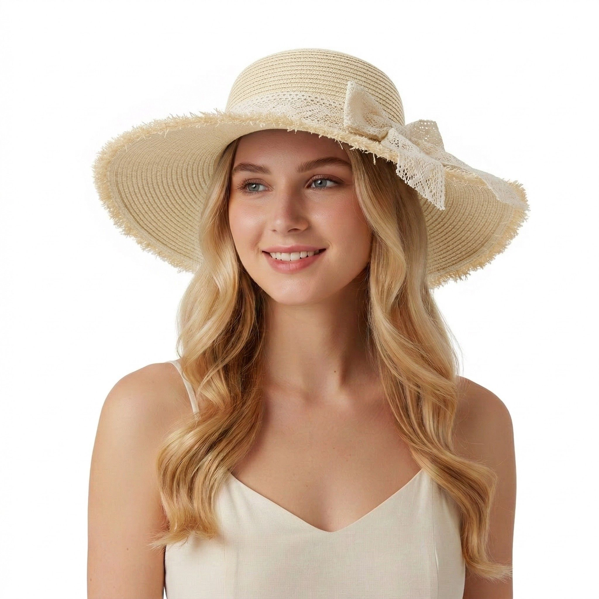 Anna-Kaci Womens Wide Brim Straw Sun Hat with Lace Tie Breathable Summer Beach Floppy