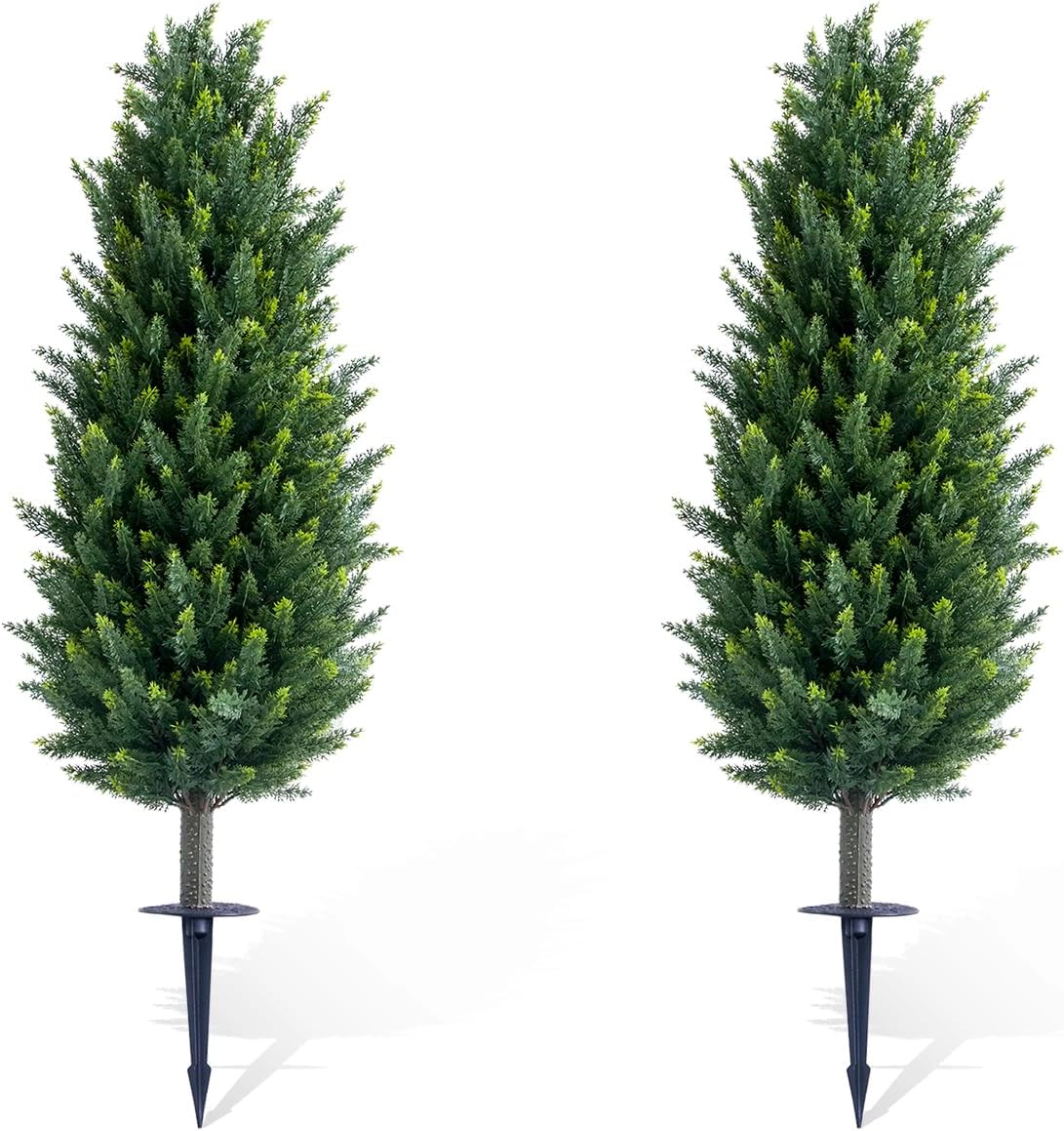 43.3" Dual Pack Lifelike Cedar Topiary Trees with Stakes, Faux Potted Evergreen Plants for Front Door, Balcony