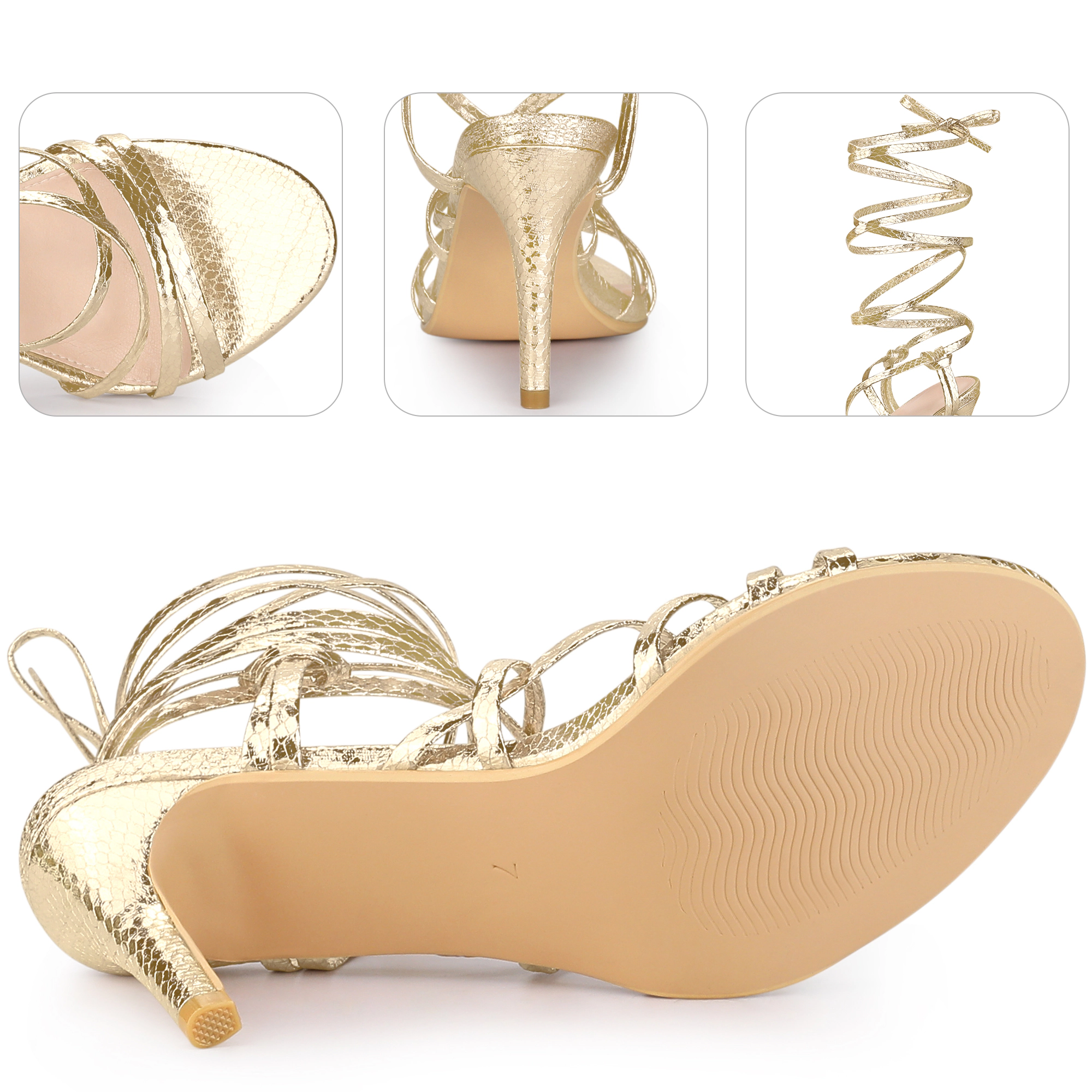 BLISSFUL STEP Women's Snakeskin Print Strappy Lace Up Heeled Gladiator Sandals