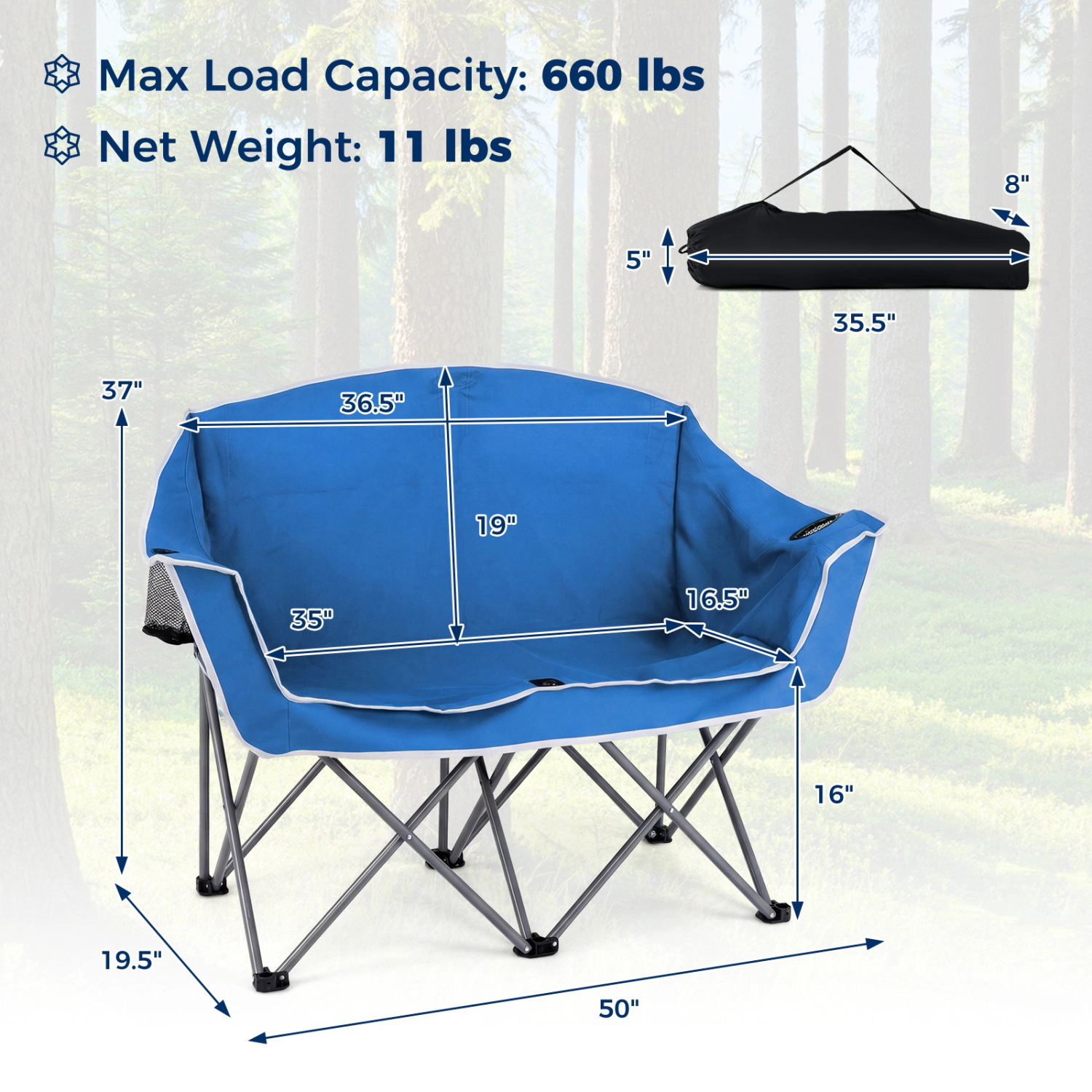 LJG Duo Camping Chair Portable Oversized Loveseat with Armrests and Cup Holders