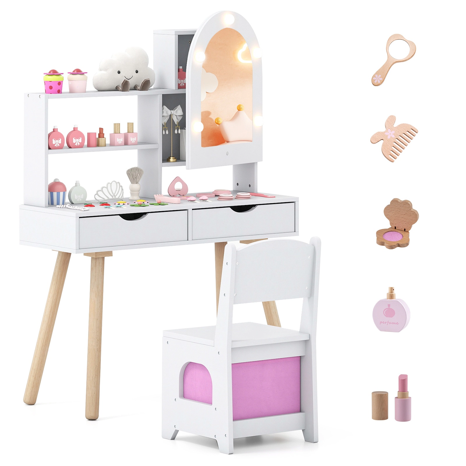 SUGIFT White 3-Color Lighted Mirror Cabinet Pretend Play Accessories and Chair Kids Vanity Set