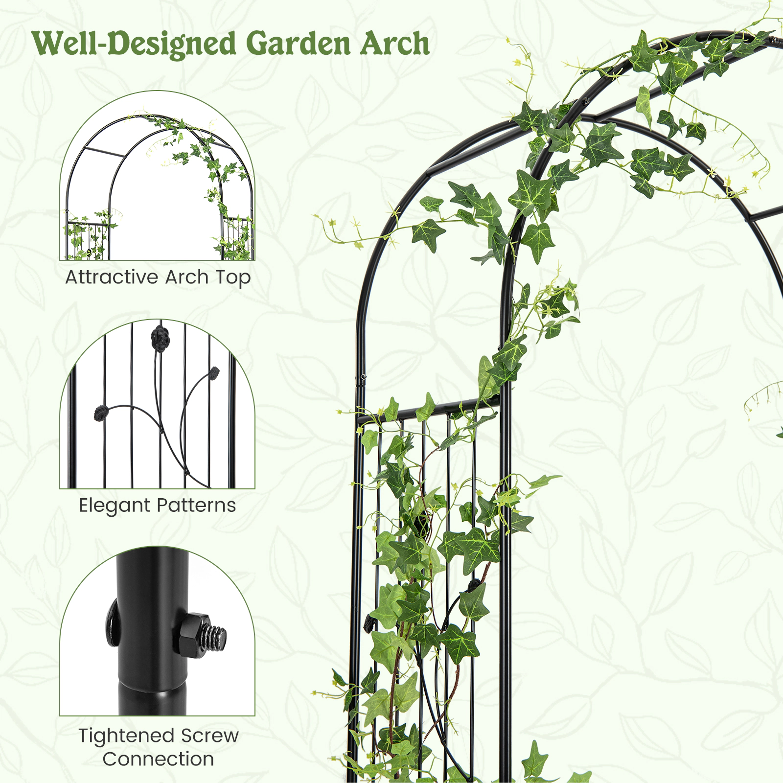 SUGIFT Arched Metal Garden Arbor with Lockable Gate and 2 Side Planters 87-in Tall 28-lb Net Weight Black