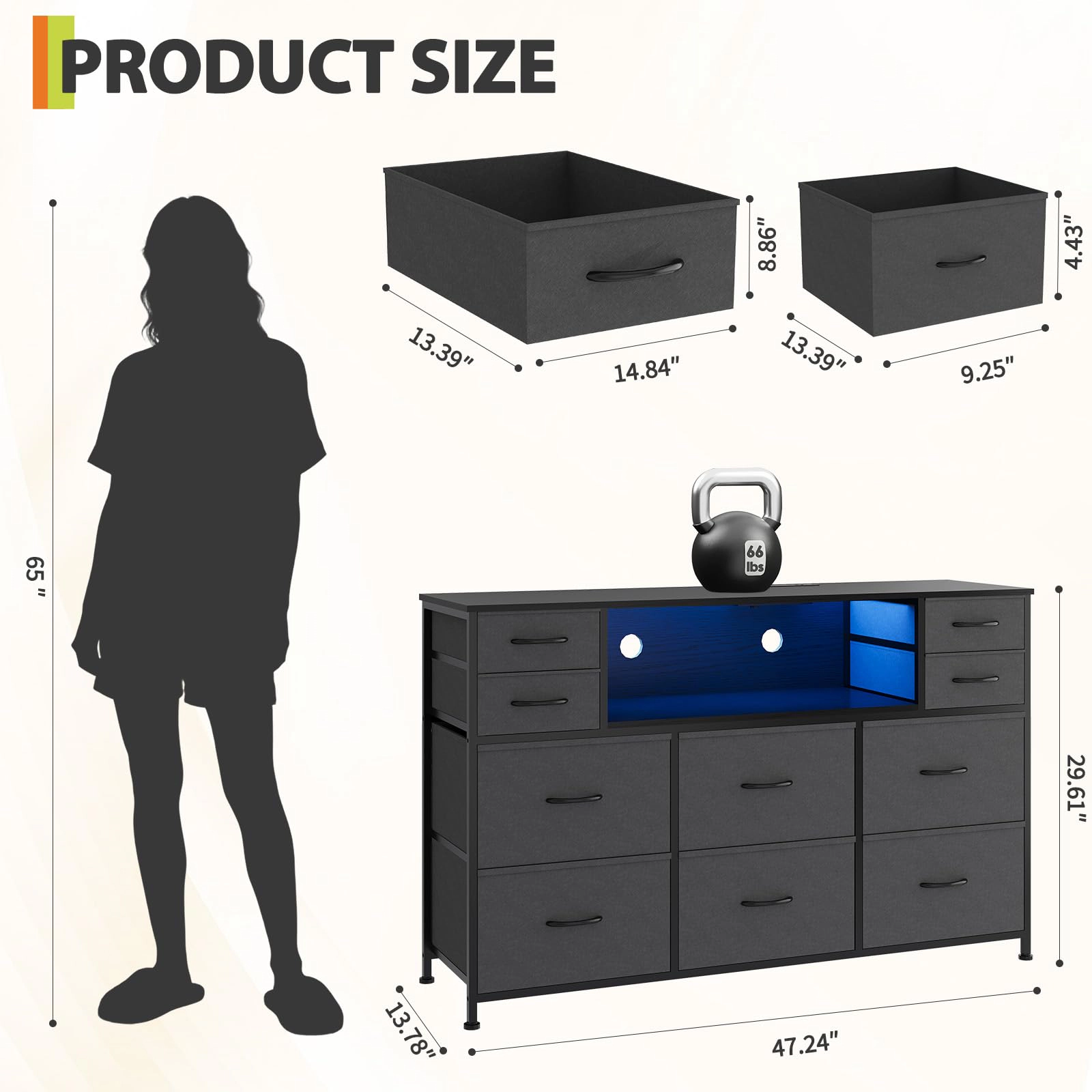 10 Drawer Fabric Dresser, TV Stand with RGB LED Lights & Power Outlet for 45"-55"