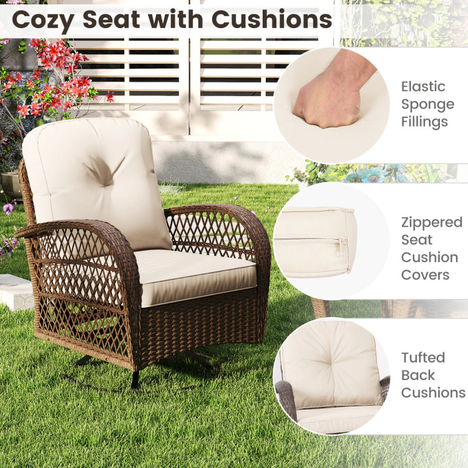 SUGIFT Patio Swivel Rocker Chair Set with Tempered Glass Side Table 400-lb Seat and 110-lb Table Capacity White Cushions