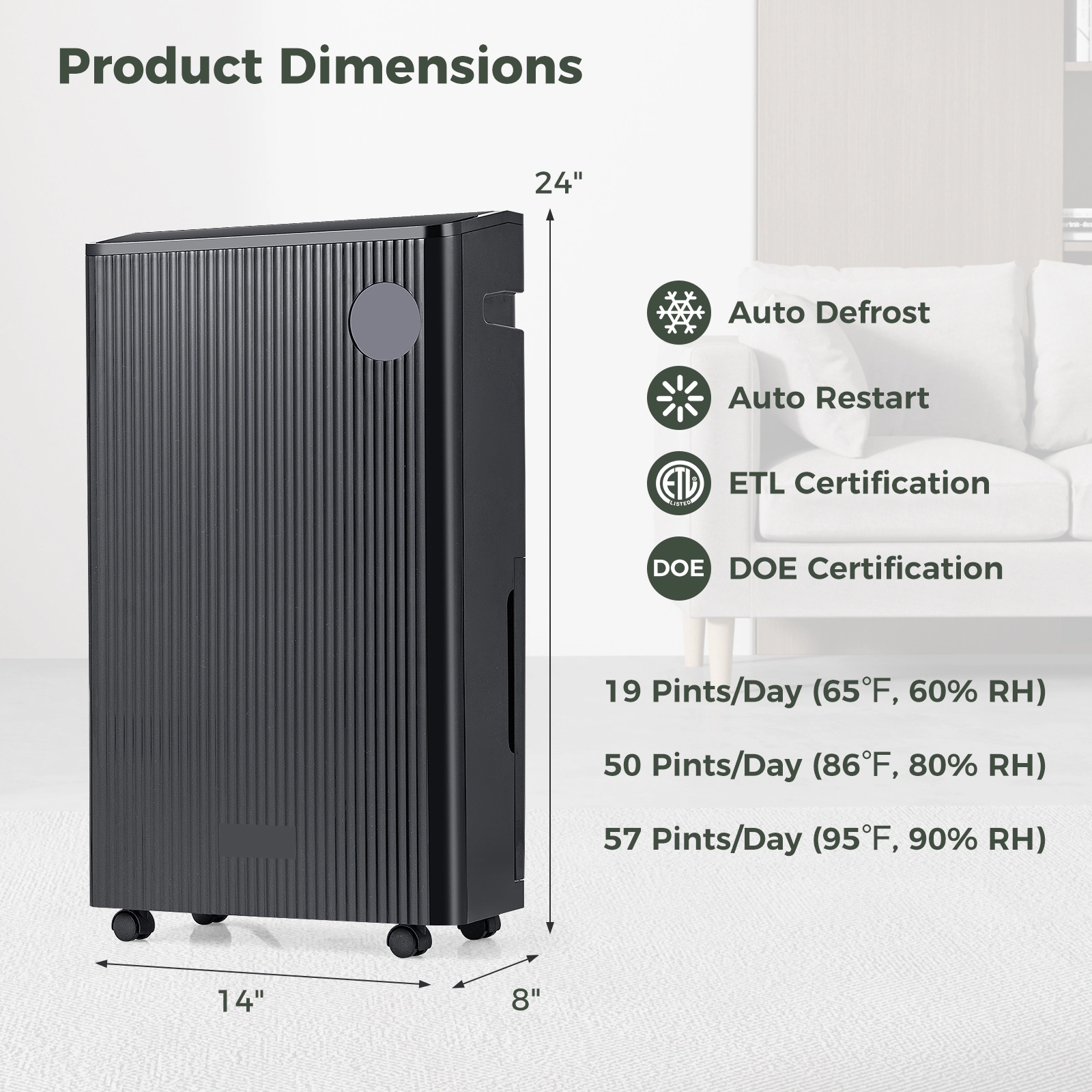 SlickBlue Black 57 Pint Portable Dehumidifier with Smart Touch Control