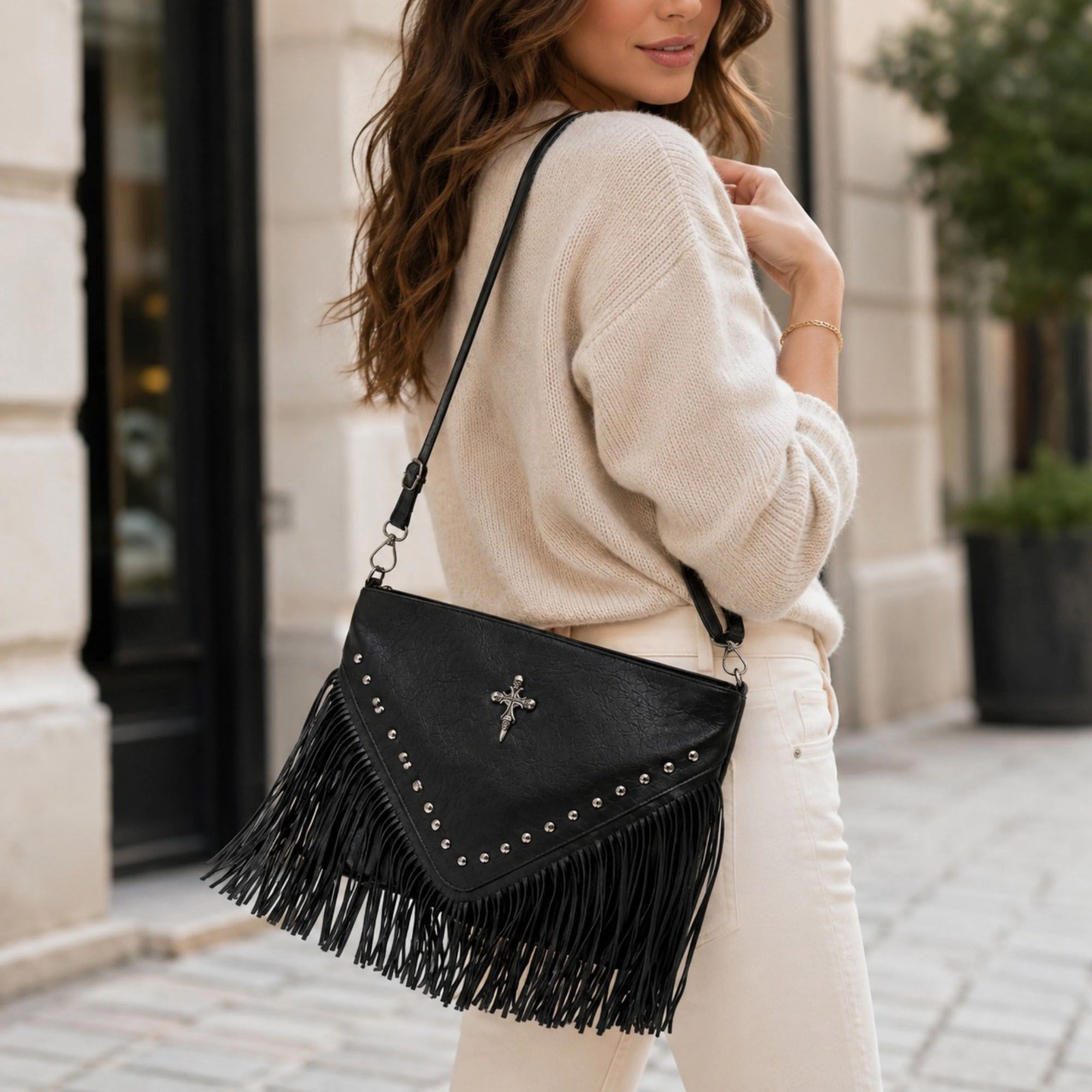 Alilang Women's Studded Fringe Shoulder Bag with Adjustable Strap and Zip Closure