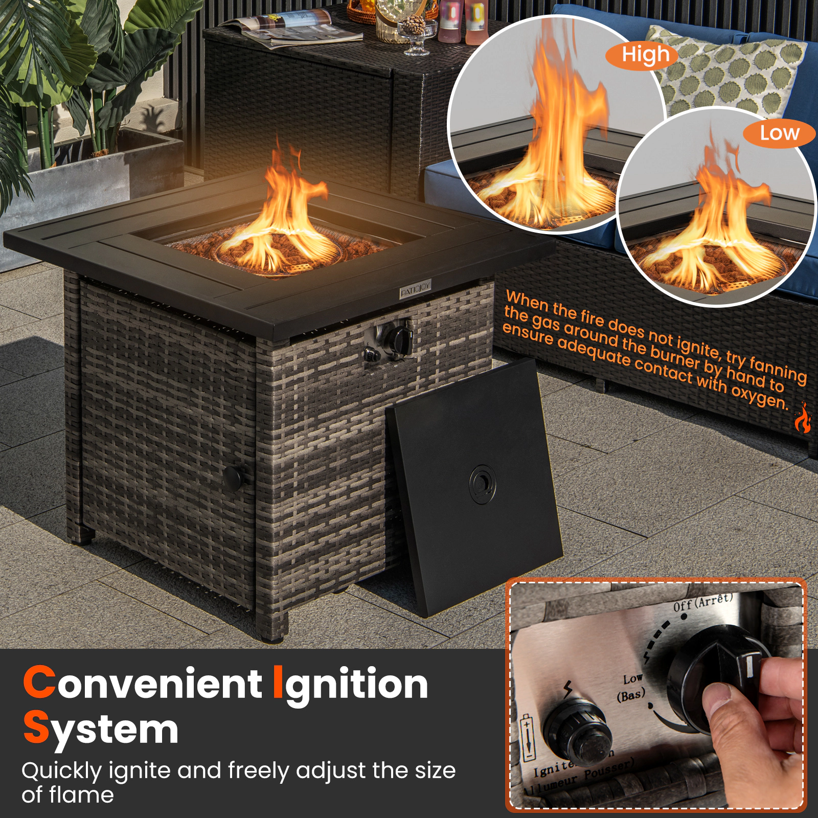 SUGIFT 29-in Compact 50000-BTU Propane Gas Fire Pit Table with Gray PE Rattan Weave and PVC Cover