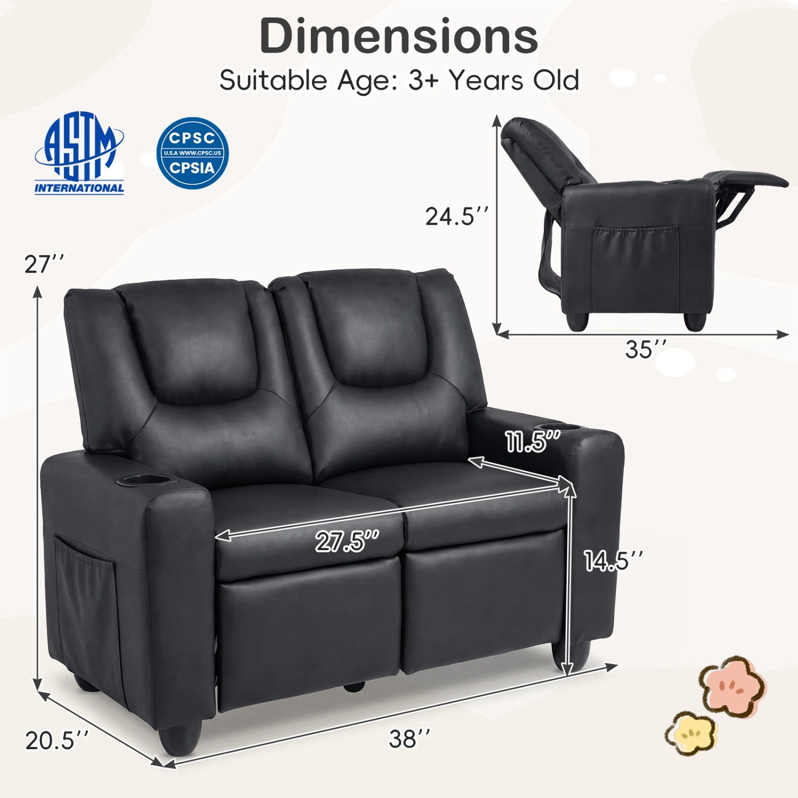 SUGIFT 2 Cup Holders 2-Seater Kids Recliner Double Toddler Sofa Chair