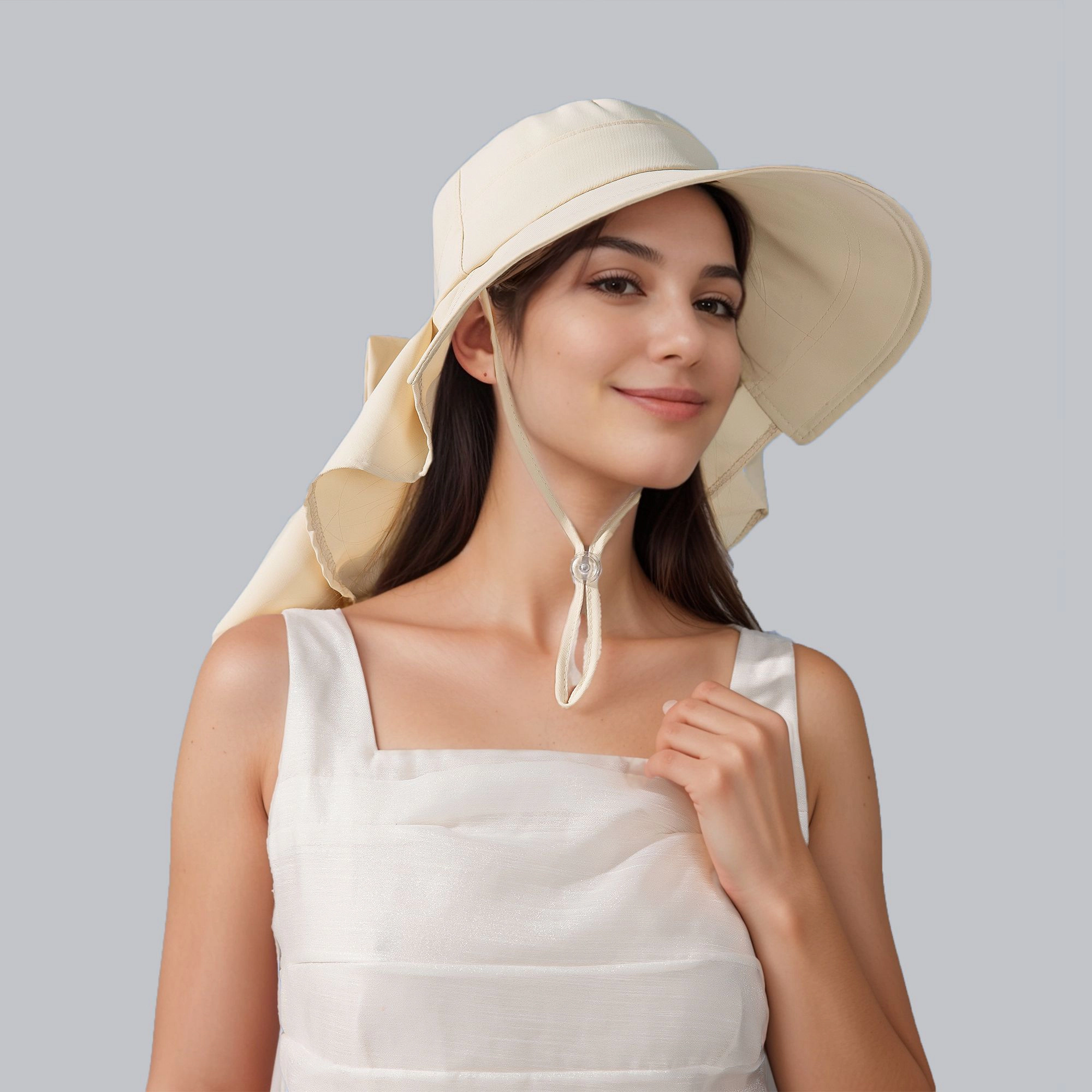 Anna-Kaci Womens Wide Brim Sun Hat UV Protection Flap Design with Back Bow Detail and Adjustable Chin Strap