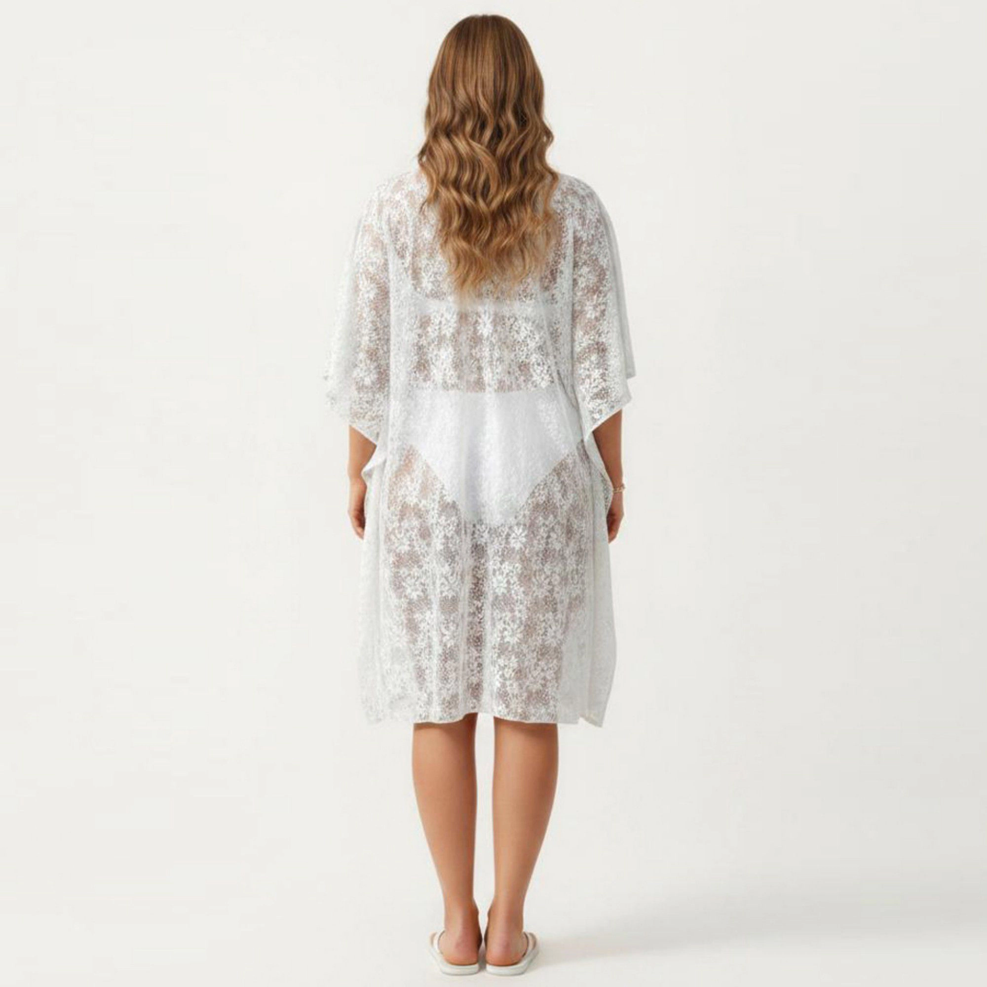 Anna-Kaci Women's Lace Swim Crochet Trim Floral Pattern Open Front Relaxed Sleeves Cover Up Cardigan