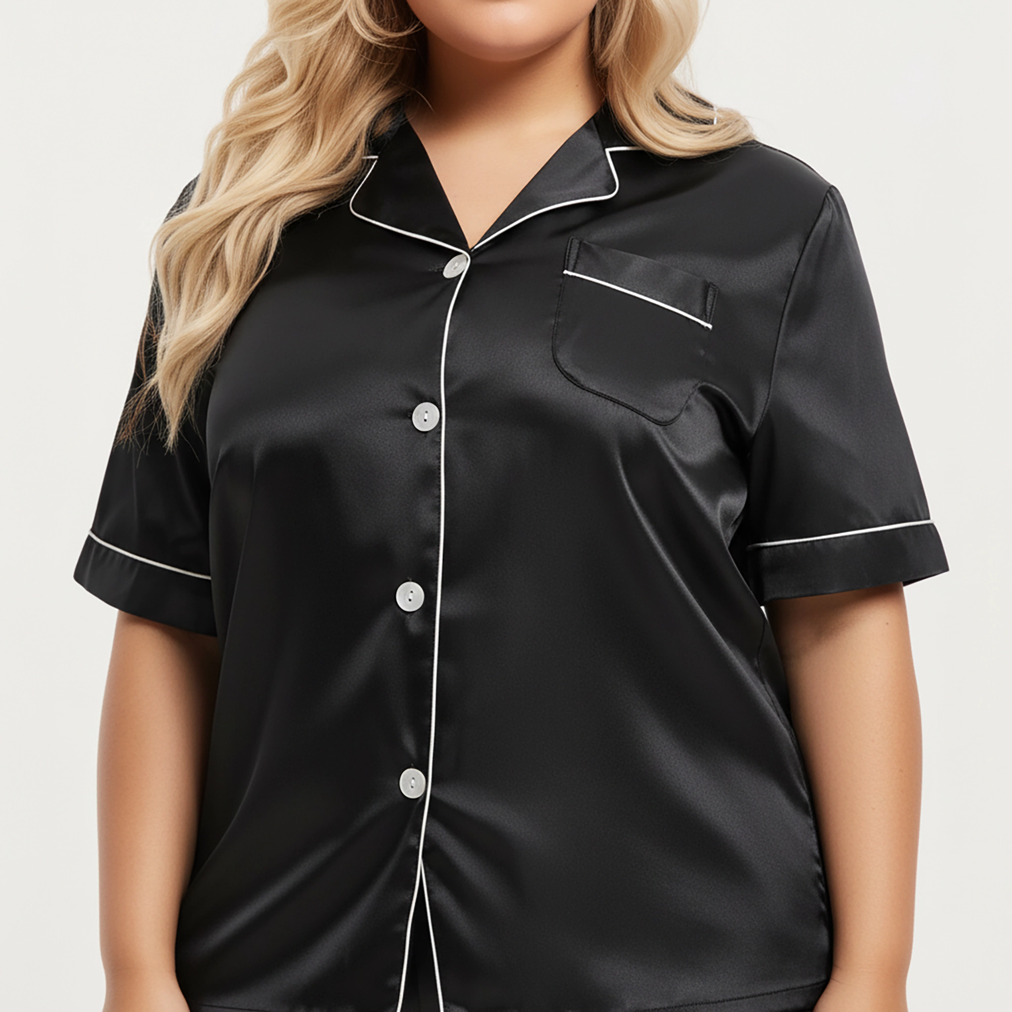 Anna-Kaci Women's Plus Satin Pajama Set with Short Sleeve Button Front Top and Relaxed Straight Leg Pants