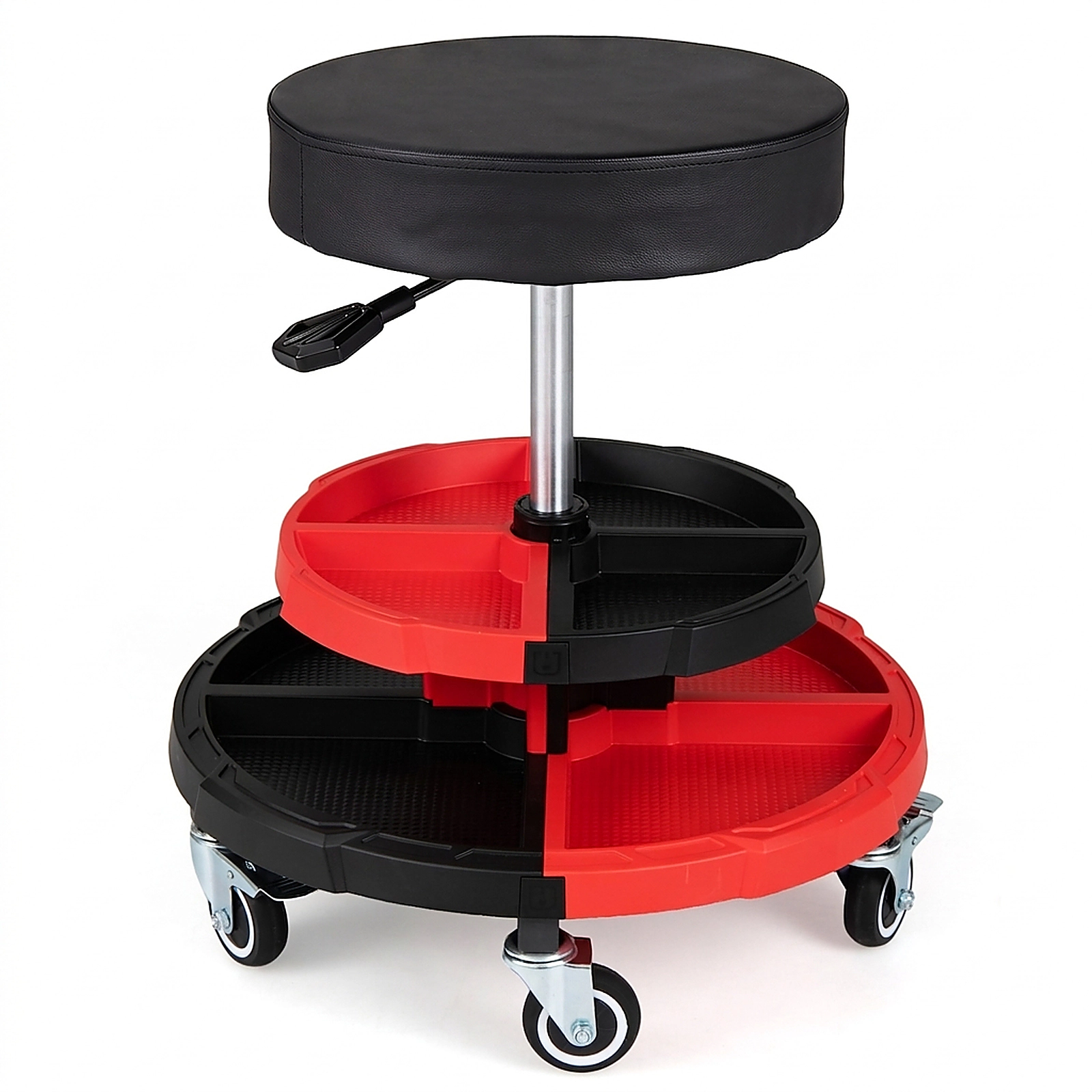 SUGIFT Adjustable Rolling Mechanic Stool with Cushioned Seat and Tool Storage Shelving 330-lb Capacity Red + Black
