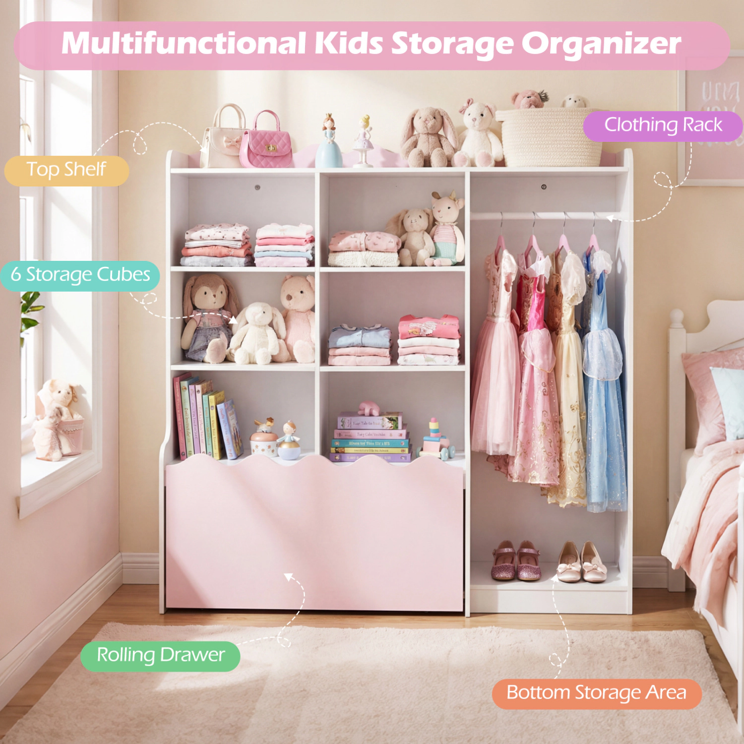 Hivvago Kids Toy Storage Organizer Children Dress up Closet Wardrobe with Clothing Rack