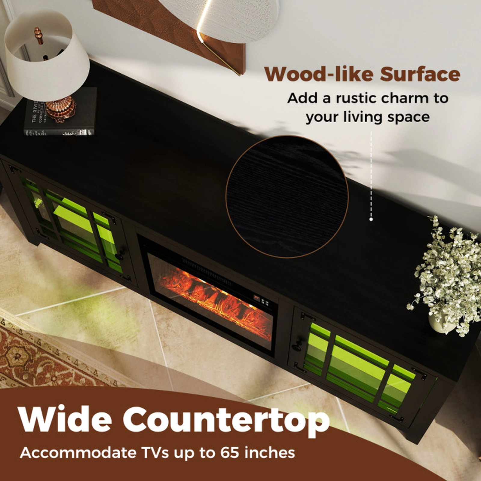 SUGIFT 1400W 18-in Electric Fireplace RGB LED App Control TV Stand 58-in x 16-in x 25-in 5000 BTU 65-in TV Black