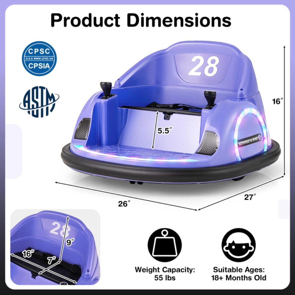 Hivvago 12V 360Â° Ride on Bumper Car for Toddlers with Remote Control-Purple