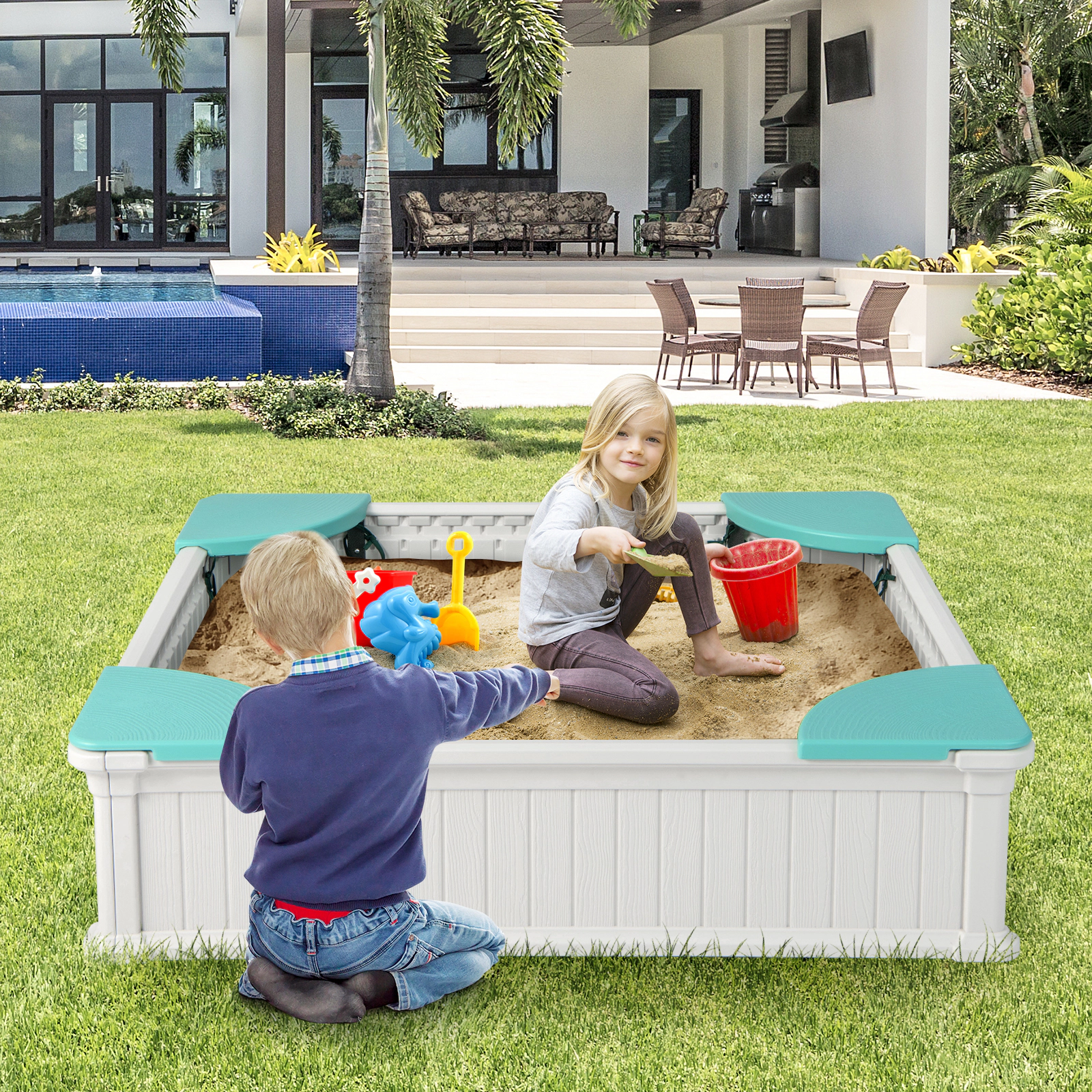 SUGIFT Kids Outdoor Sandbox with Oxford Cover & 4 Corner Seats 110-lb Seat Capacity Ages 3 Years & Up White Brown Navy
