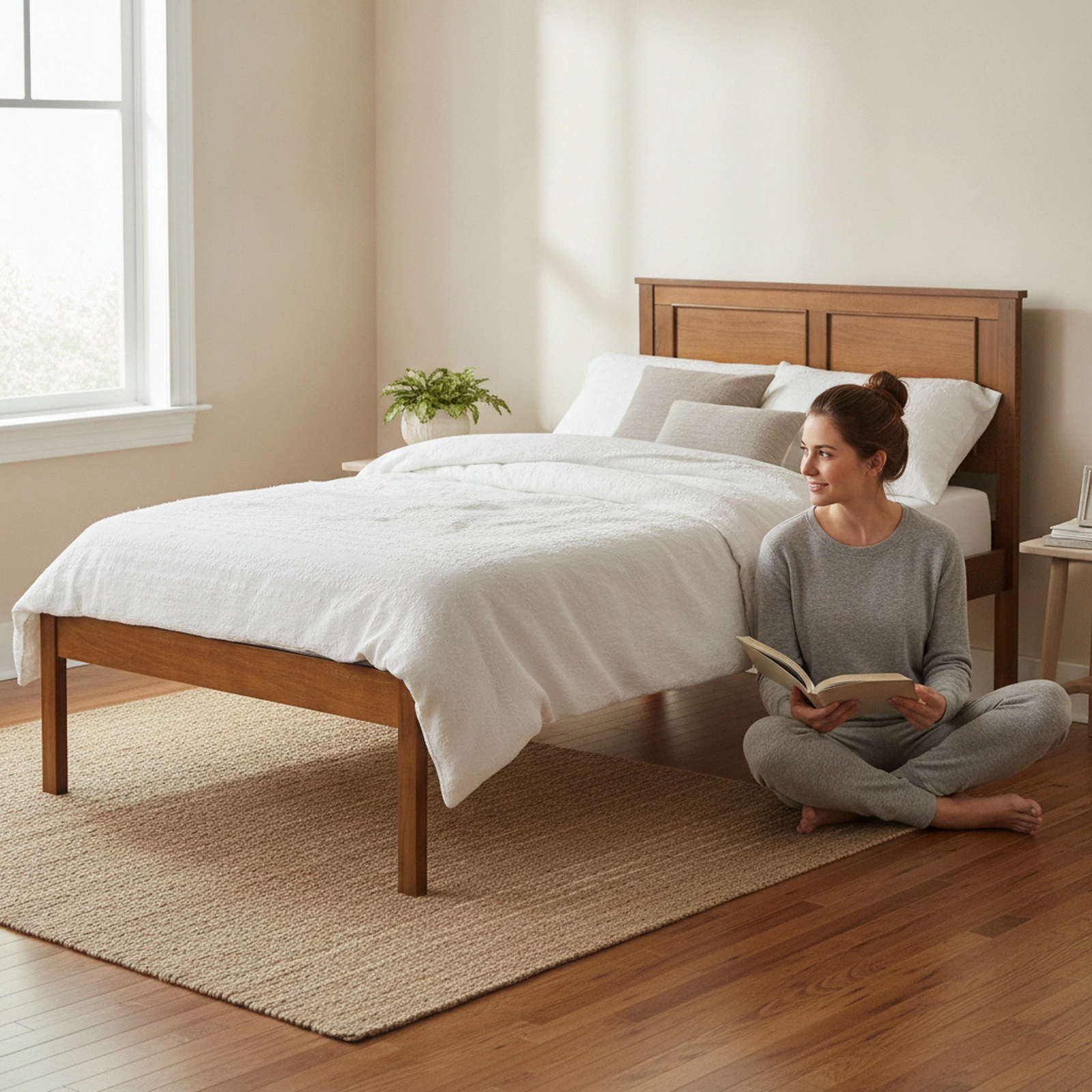 SUGIFT Twin Farmhouse Platform Bed with Panel Headboard, Walnut