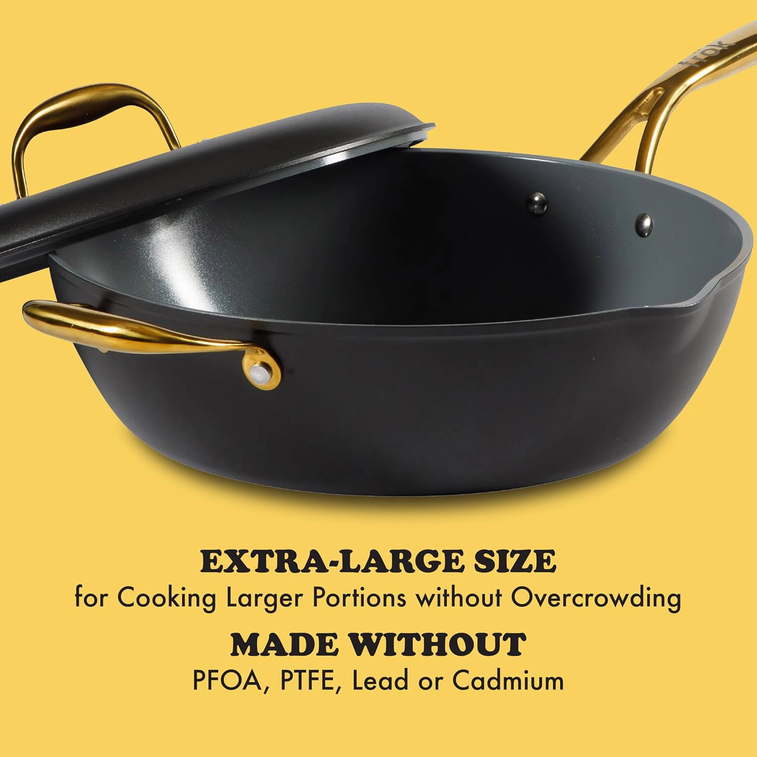 Frok 13 Inch Ceramic Nonstick Aluminum Frying Pan with Lid in Black with Gold Handles