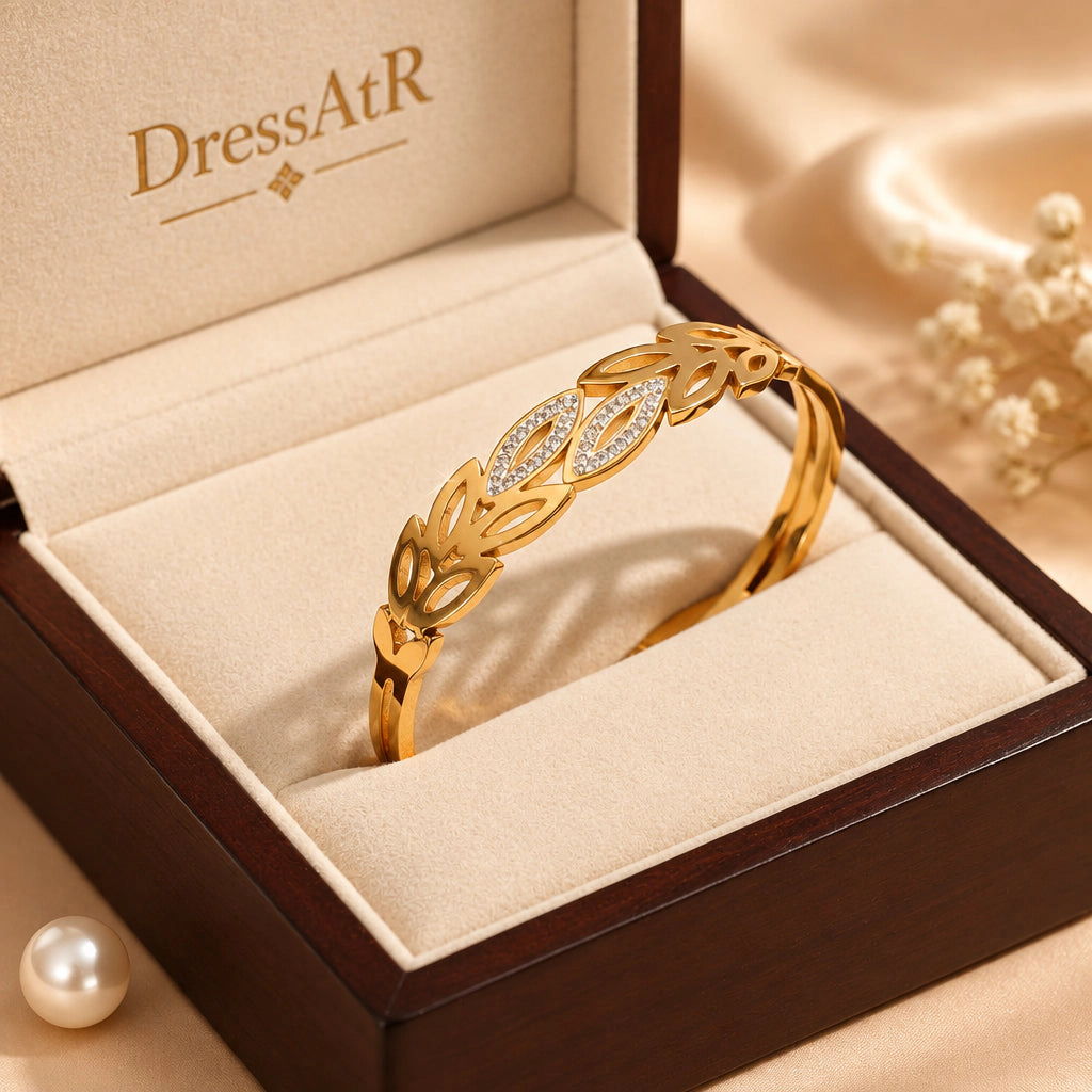 DressAtR Women's 18K Gold Plated Rhinestone Leaf Bangle