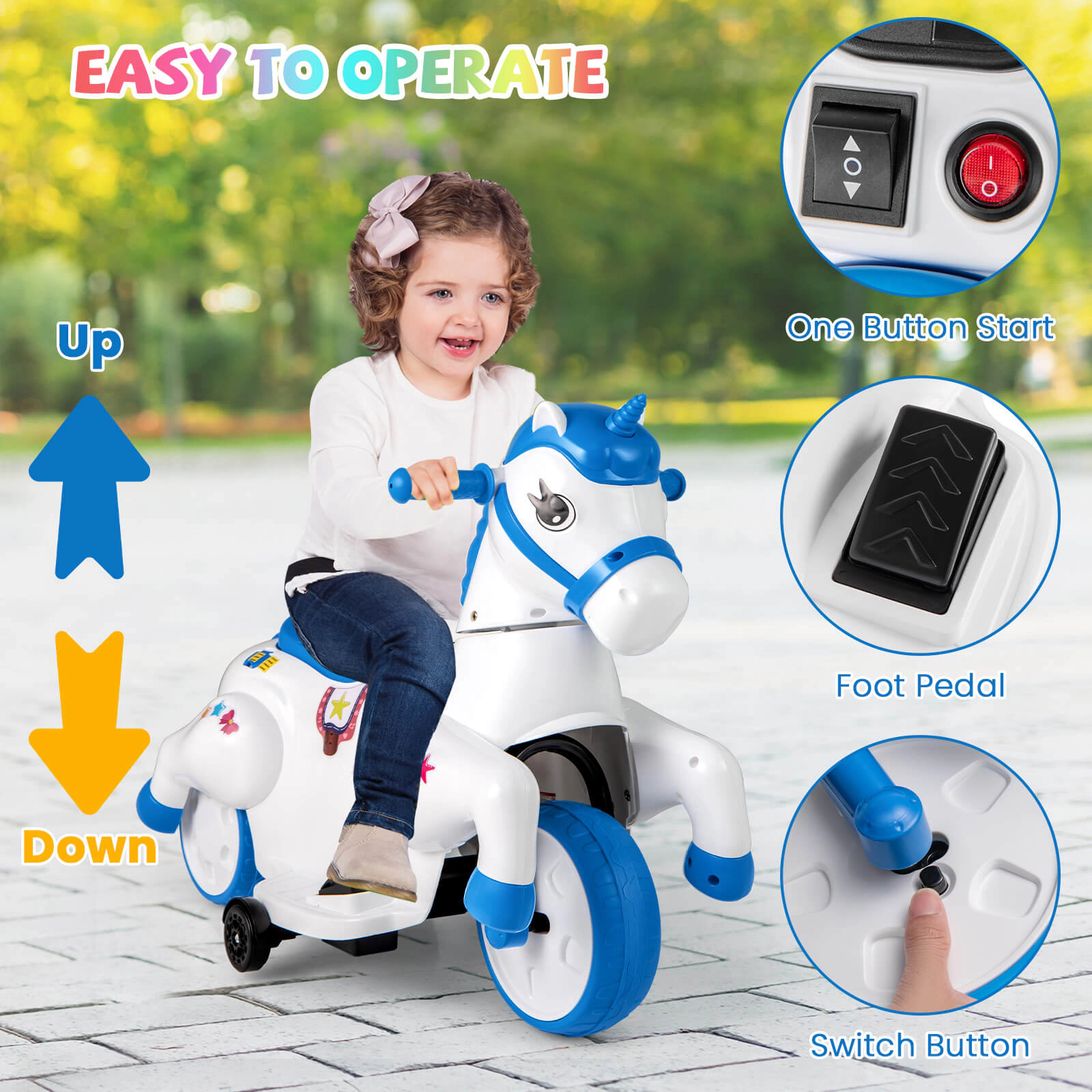 Costway 12V Kids Ride on Unicorn Toy w/ Training Wheels Music One-button Start Horse