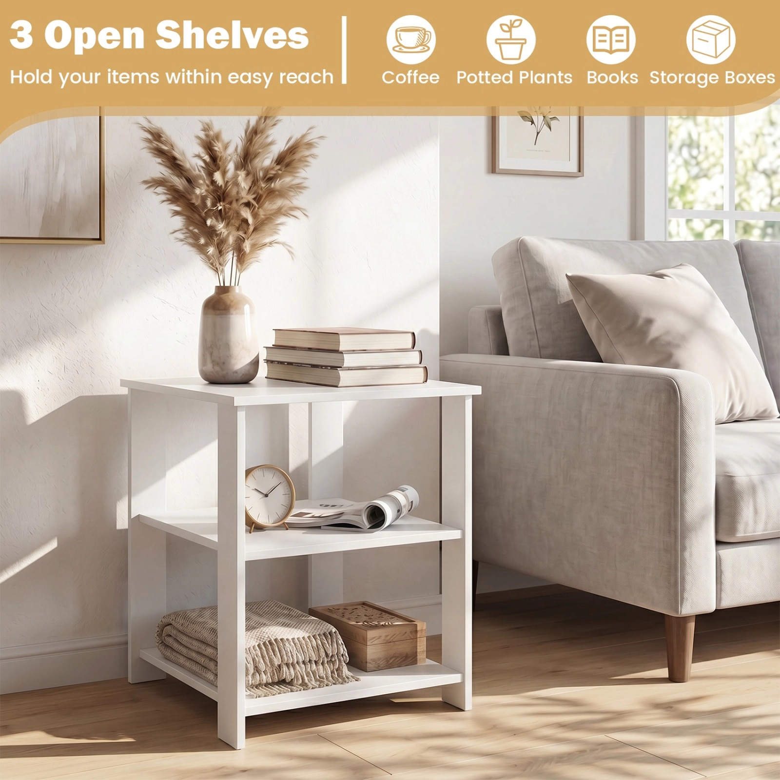 SUGIFT 3-Tier Modern Nightstand Square Side Table with Open Storage Shelves 66-lb Capacity White