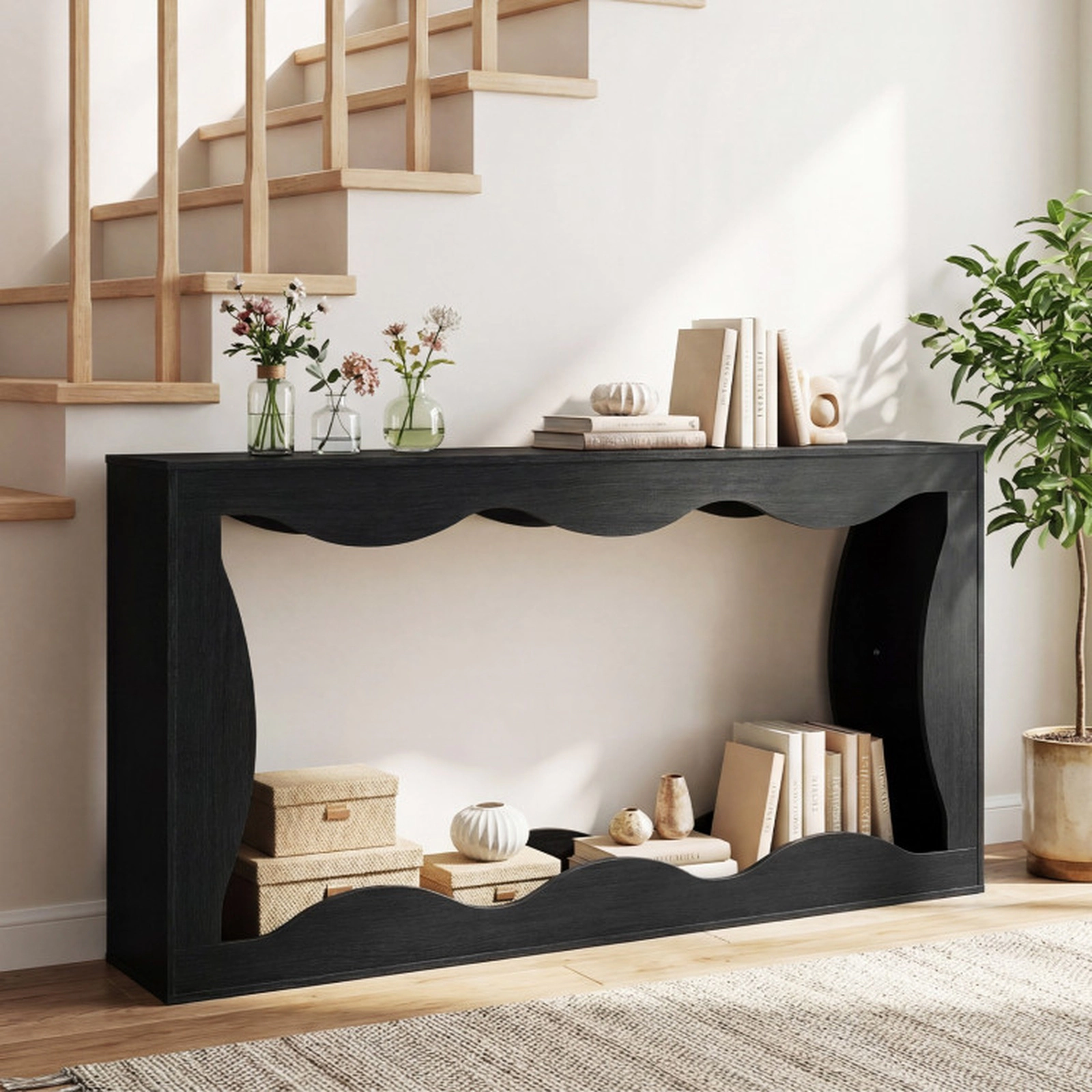 SUGIFT 63-in 2-Tier 132-lb Capacity Narrow Black Console Table with Wavy Cut-Out Edge and Open Bottom Shelf