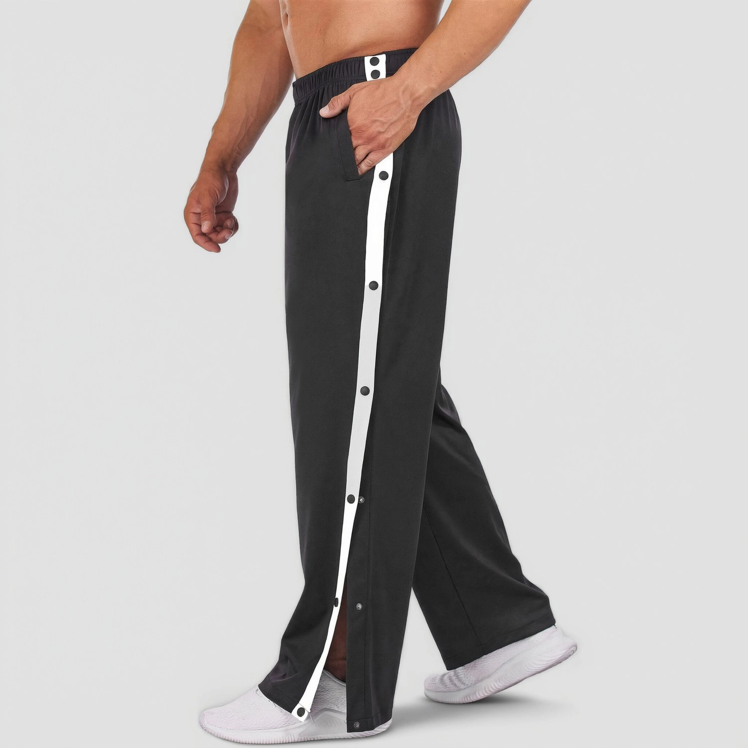 Pinspark Mens Snap Side Track Pants Navy Stripe Elastic Waist Loose Casual Trousers