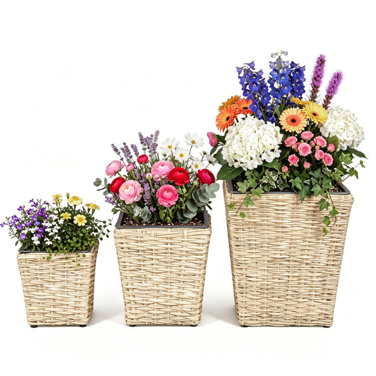SUGIFT 3-Piece PP Rattan Planter Box Set with Removable Plastic Liners and Adjustable Leveling Pads
