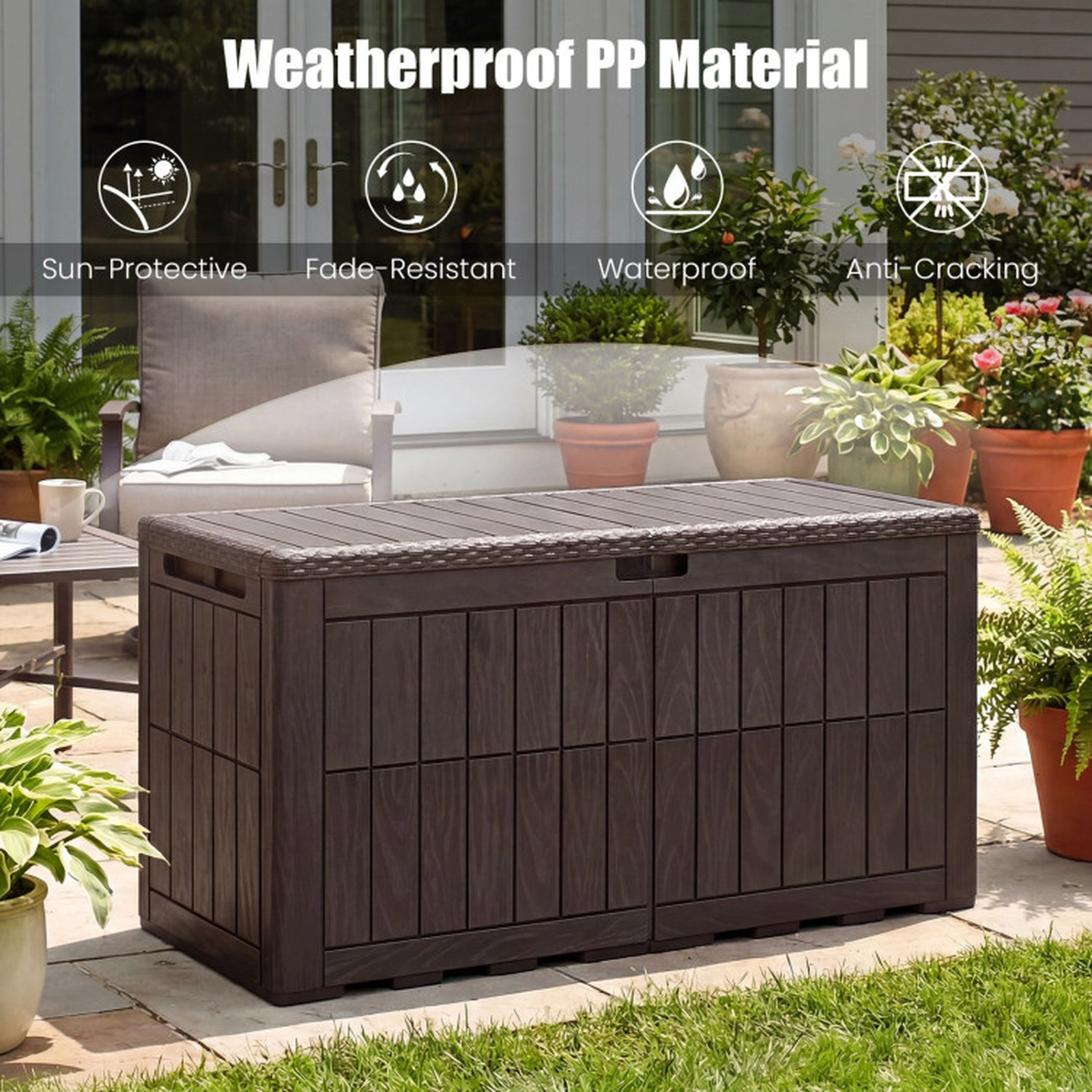 SUGIFT Waterproof Lockable Outdoor Deck Box 100-Gallon Storage 310-lb Seating Capacity Dark Brown
