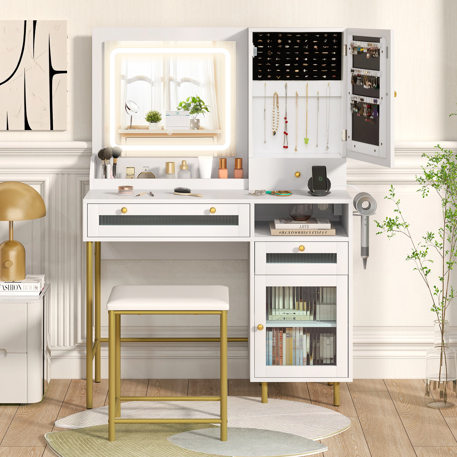 LJG Modern Makeup Vanity Desk with Mirror and Lights and Stool Set