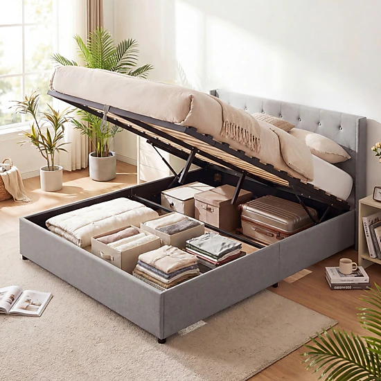 SUGIFT Queen Lift-Up Storage Bed, Gray Linen Upholstered Platform with Tufted Wingback Headboard
