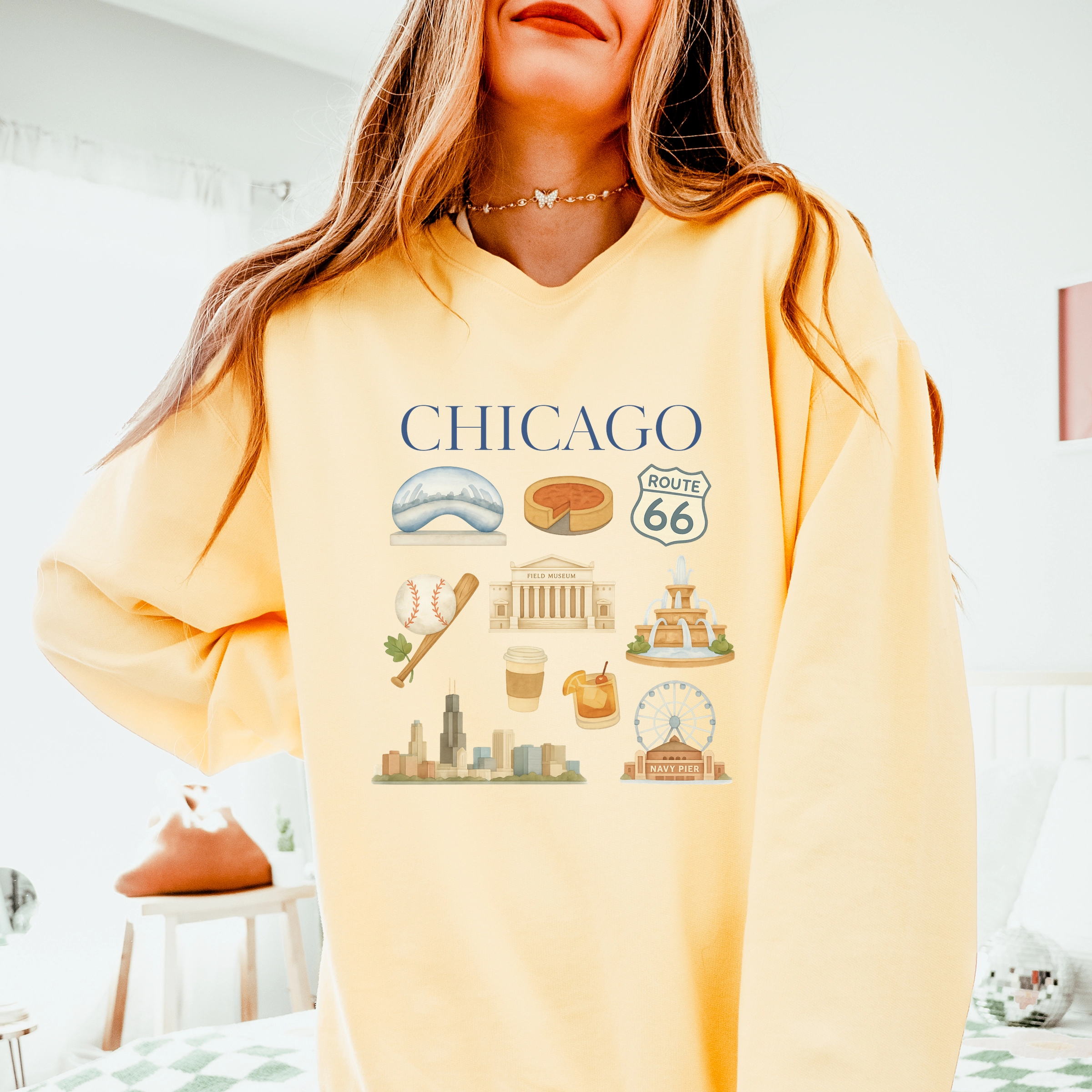 Chicago Watercolor Collage - Women's Lightweight Garment Dyed Sweatshirt