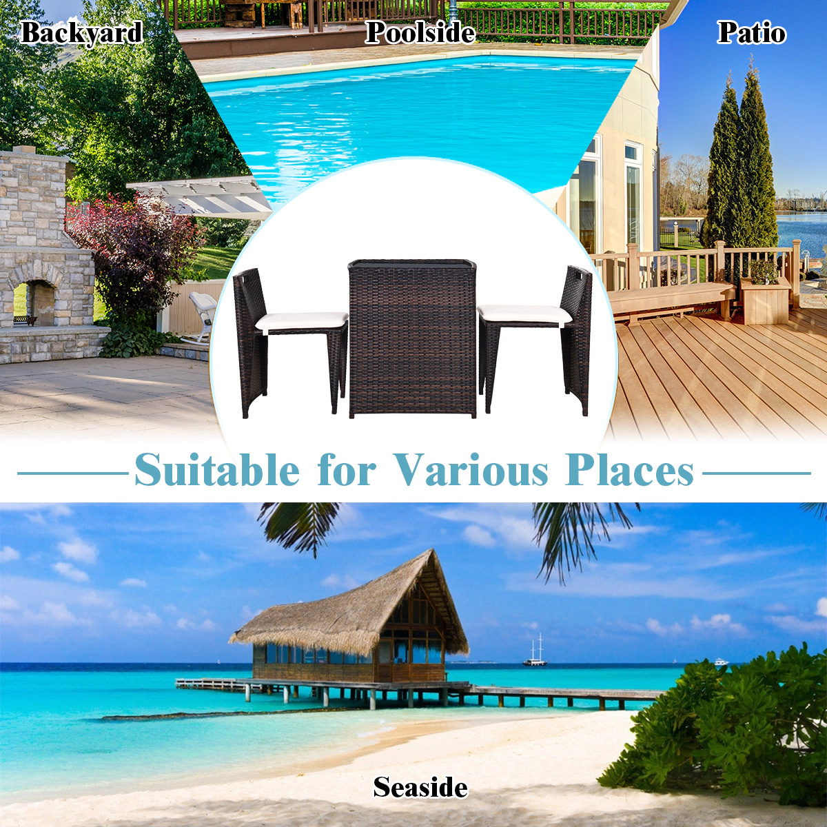LJG 3 Pieces Cushioned Wicker Patio Bistro Set with No Assembly Needed