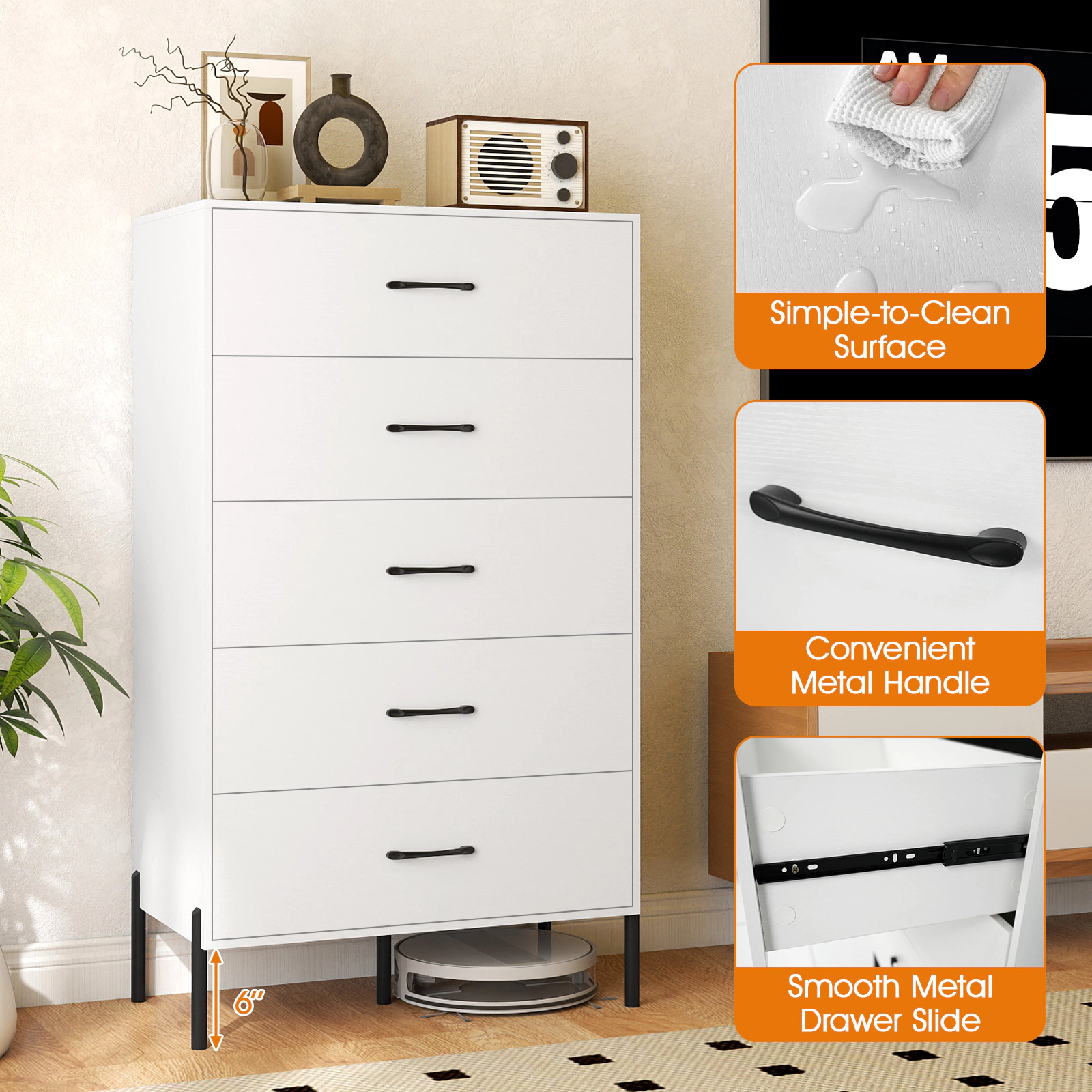 Glintex 49.5-Inch Tall 5-Drawer Chest with Metal Legs and Anti-Tip Kits, White