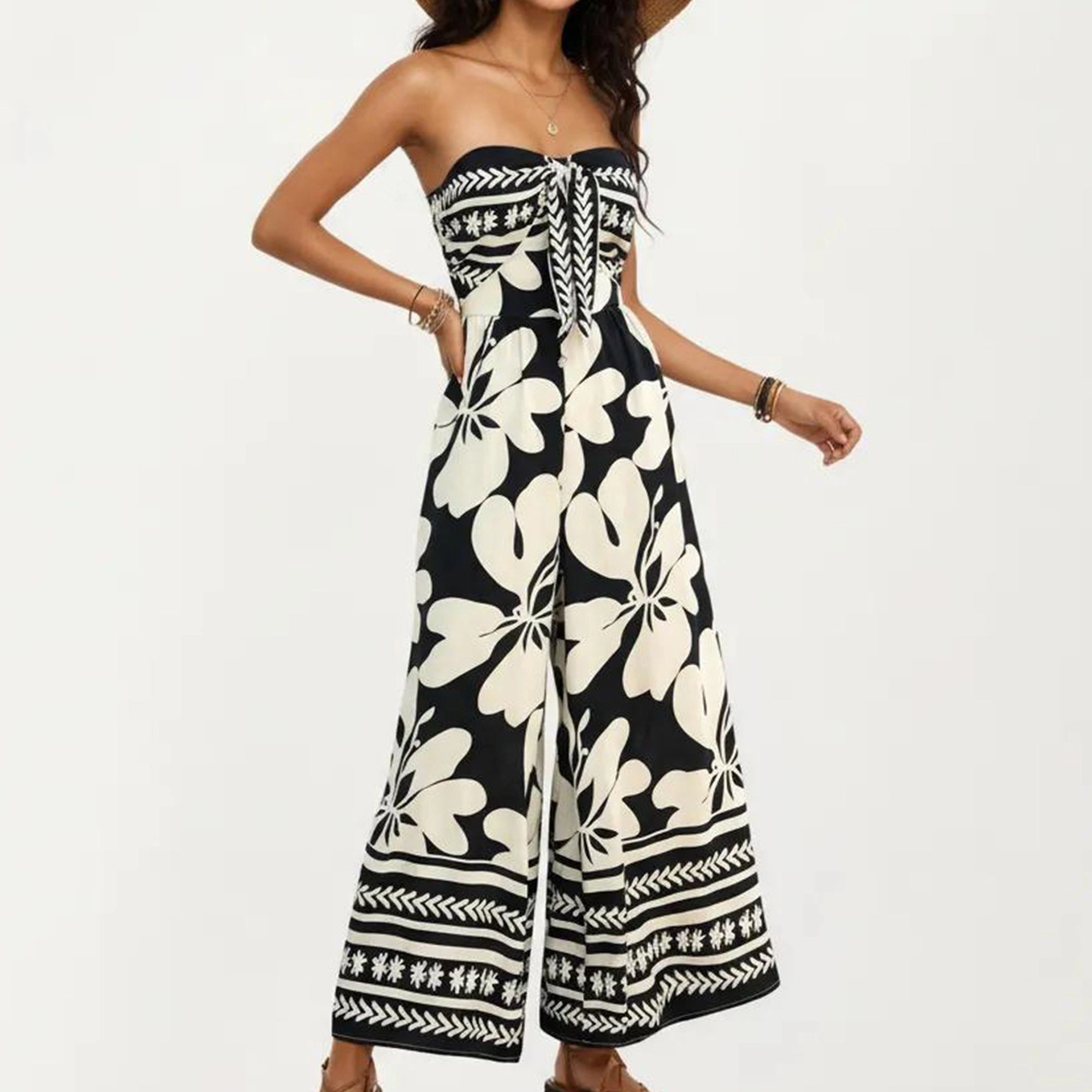 Anna-Kaci Womens Strapless Floral Wide Leg Jumpsuit with Border Trim