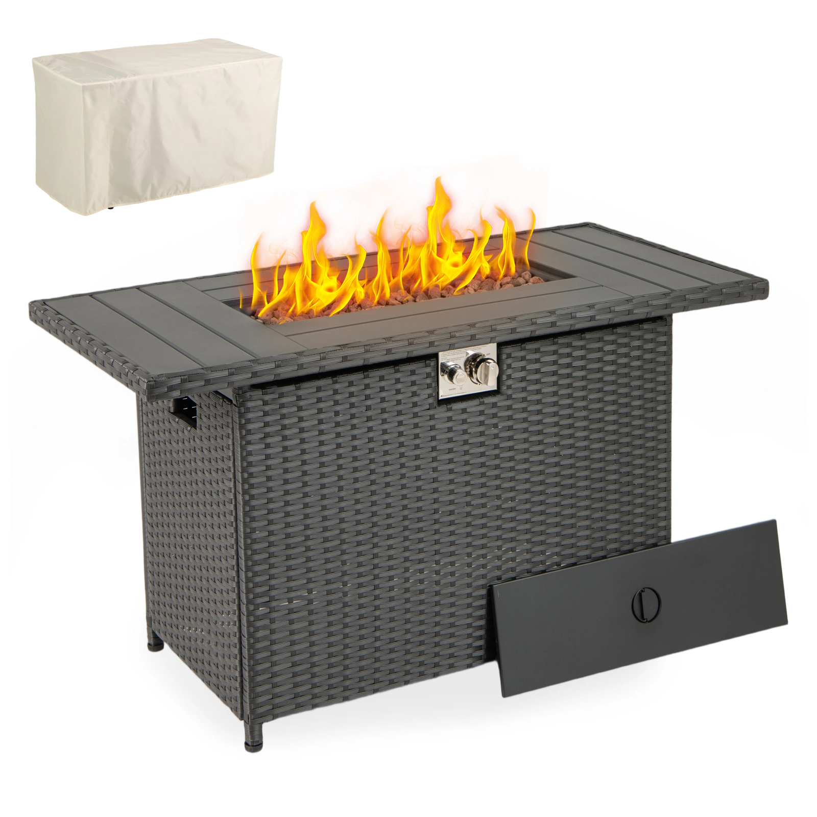 SUGIFT 44.5-in Propane Rattan Gas Fire Pit Table 50,000 BTU 220-lb Tabletop Capacity 2-in-1 Stainless Steel Burner Black