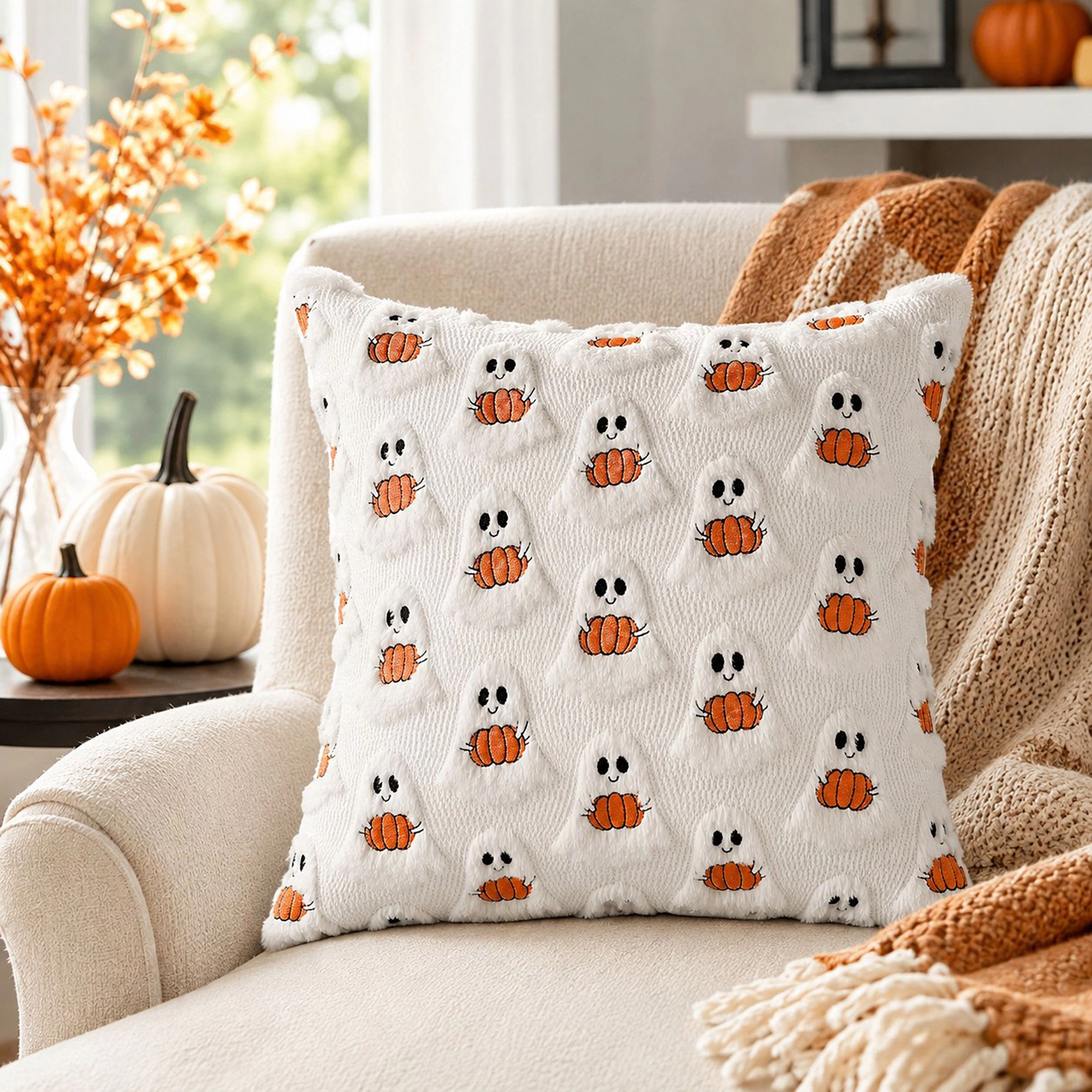 Alilang Halloween Textured Pumpkin Ghost Decorative Throw Pillow Cover