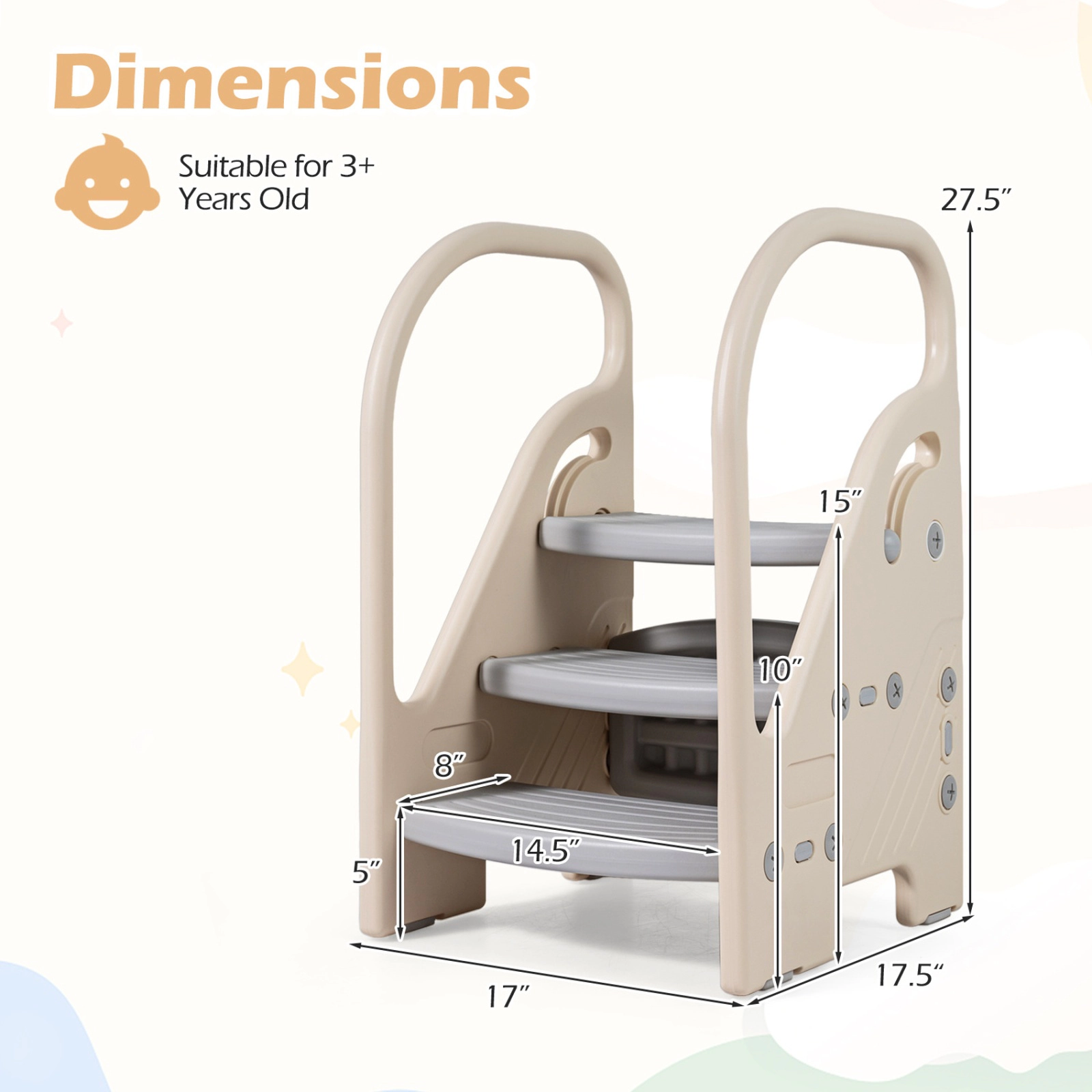 SUGIFT Adjustable 3-Step Helper Stool with Safety Handles for Kids 66-lb Capacity Ages 3+ Beige and Gray