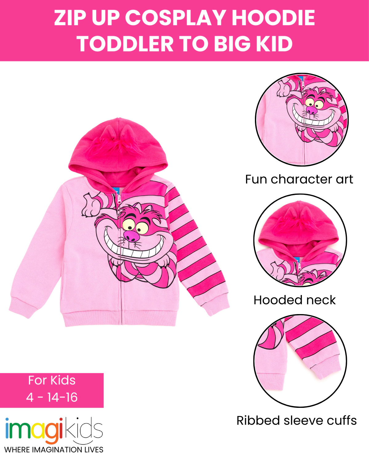 Disney Alice Wonderland Cheshire Cat Girls' Fleece Zip-Up Hoodie