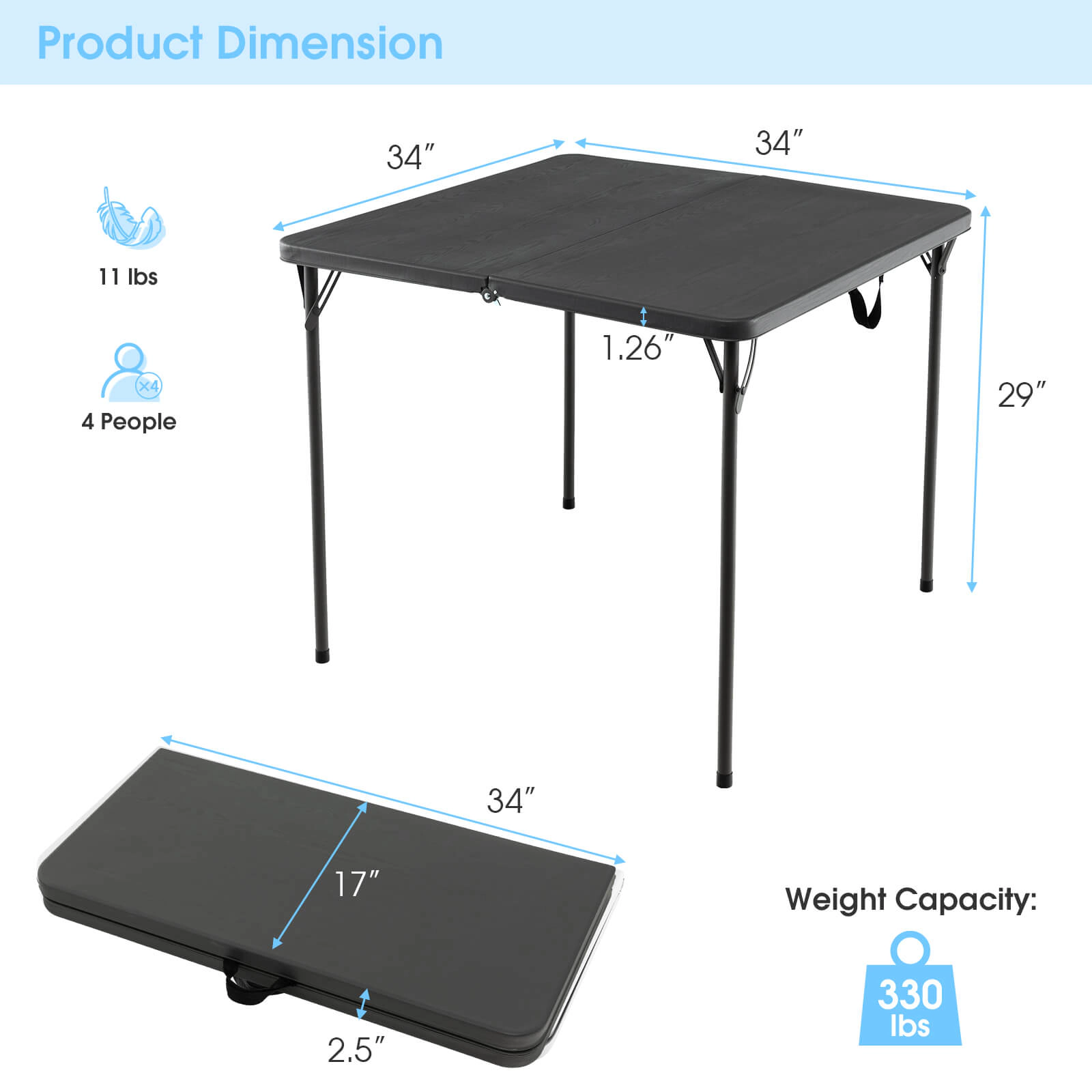 SUGIFT Folding Camping Table with All-Weather HDPE Tabletop and Rustproof Steel Frame 330-lb Capacity Gray