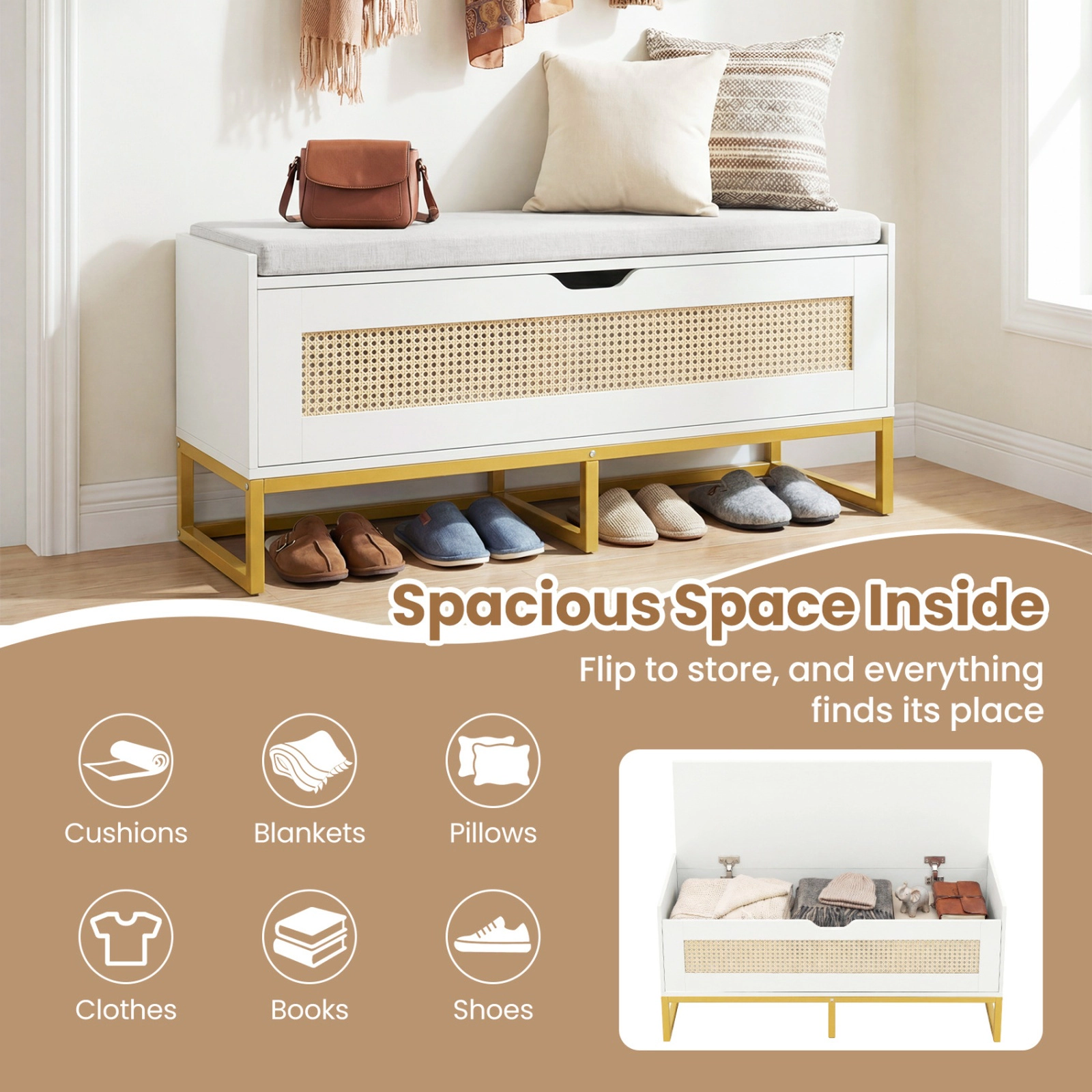 SUGIFT 39.5 Inch Rattan Storage Bench White Wicker Shoe Bench with Padded Flip-Top