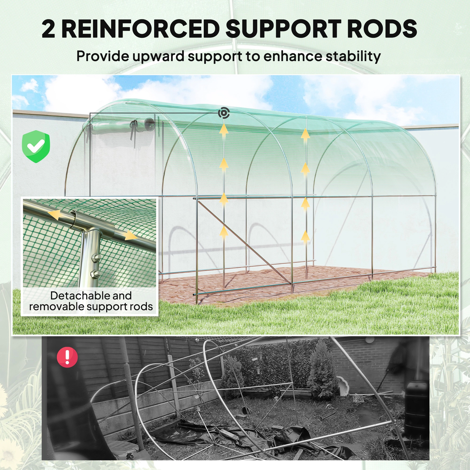 HONGGE Hoop House Greenhouse Walk-in Tunnel with 2 Support Rods Zippered Roll-up Mesh Door 14.6'x6.5'x6.6'