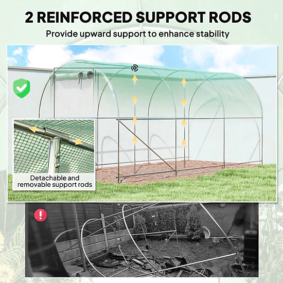 HONGGE Hoop House Greenhouse Walk-in Tunnel Greenhouse with 2 Support Rods Zippered Roll-up Mesh Door 14.6'x6.5'x6.6'