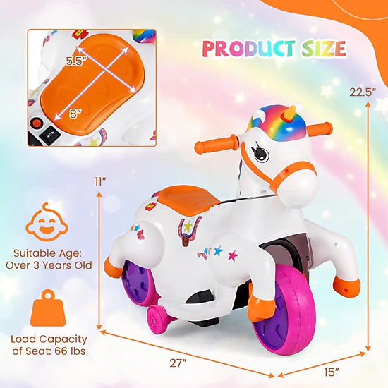 SUGIFT Kids Multicolor 12V Unicorn Ride On Toy with Training
