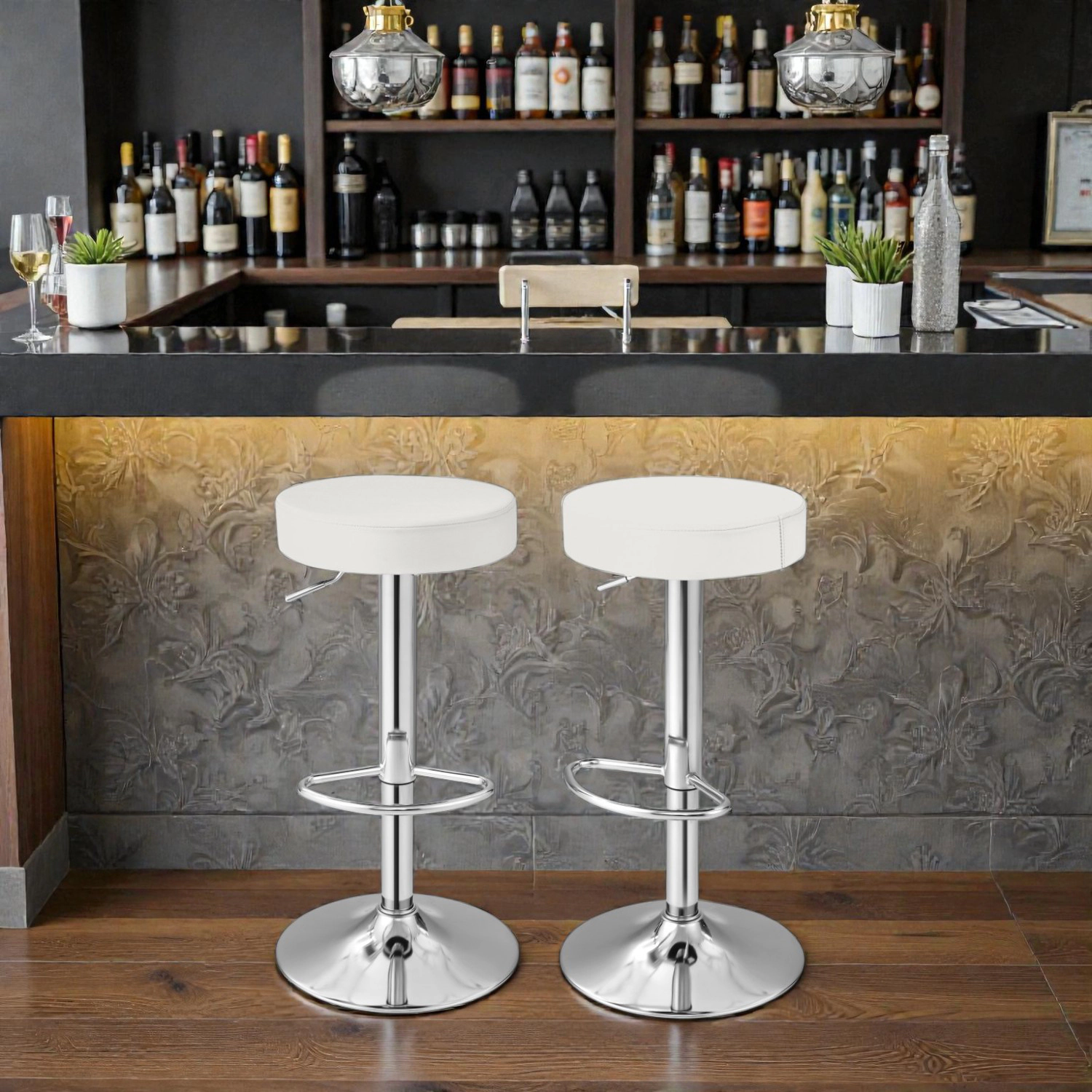 Hivvago Set of 2 Height Adjustable Swivel Bar Stools with Round Seats for Home or Pub