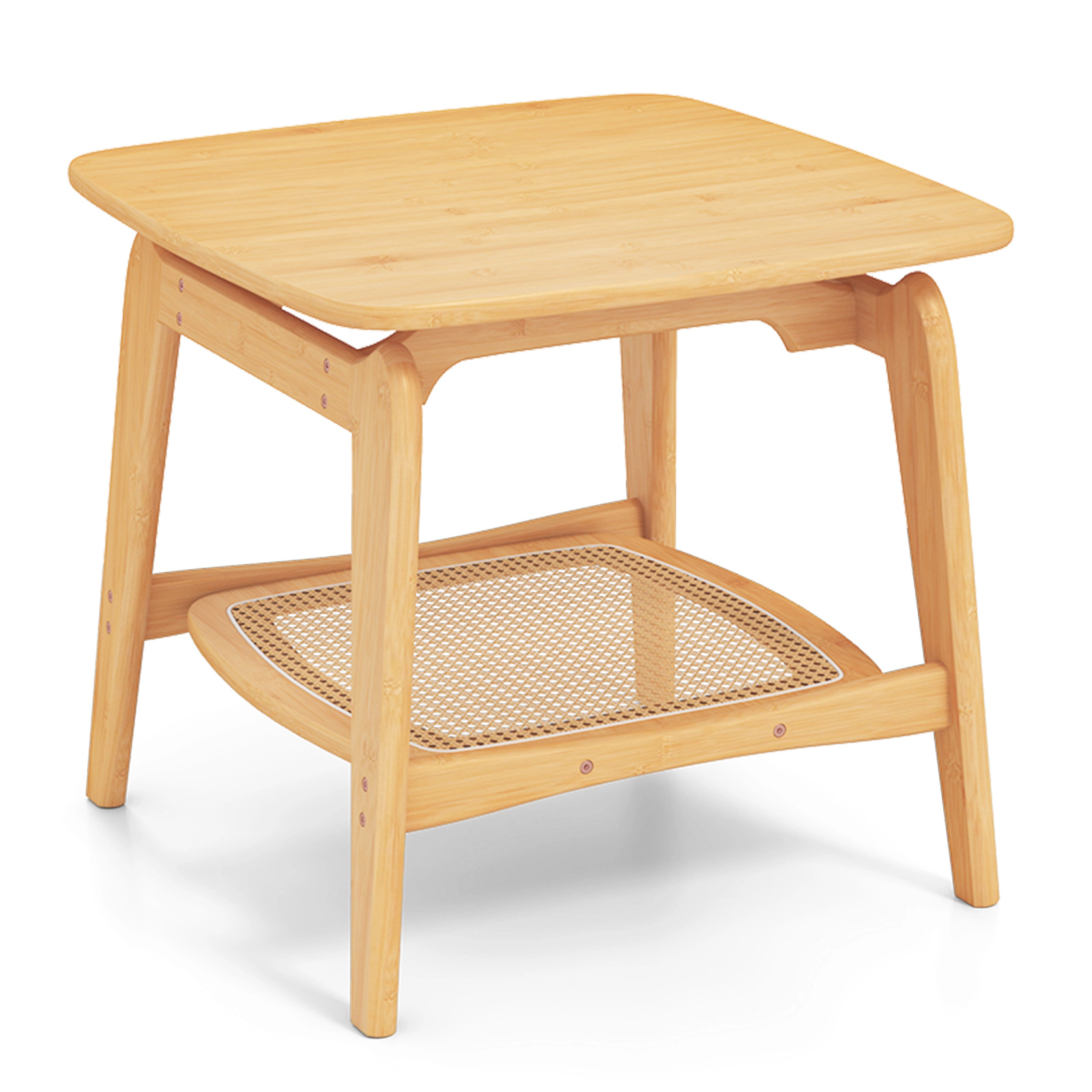 SUGIFT 22-Inch Natural Bamboo Side Table with Woven Faux Rattan Shelf