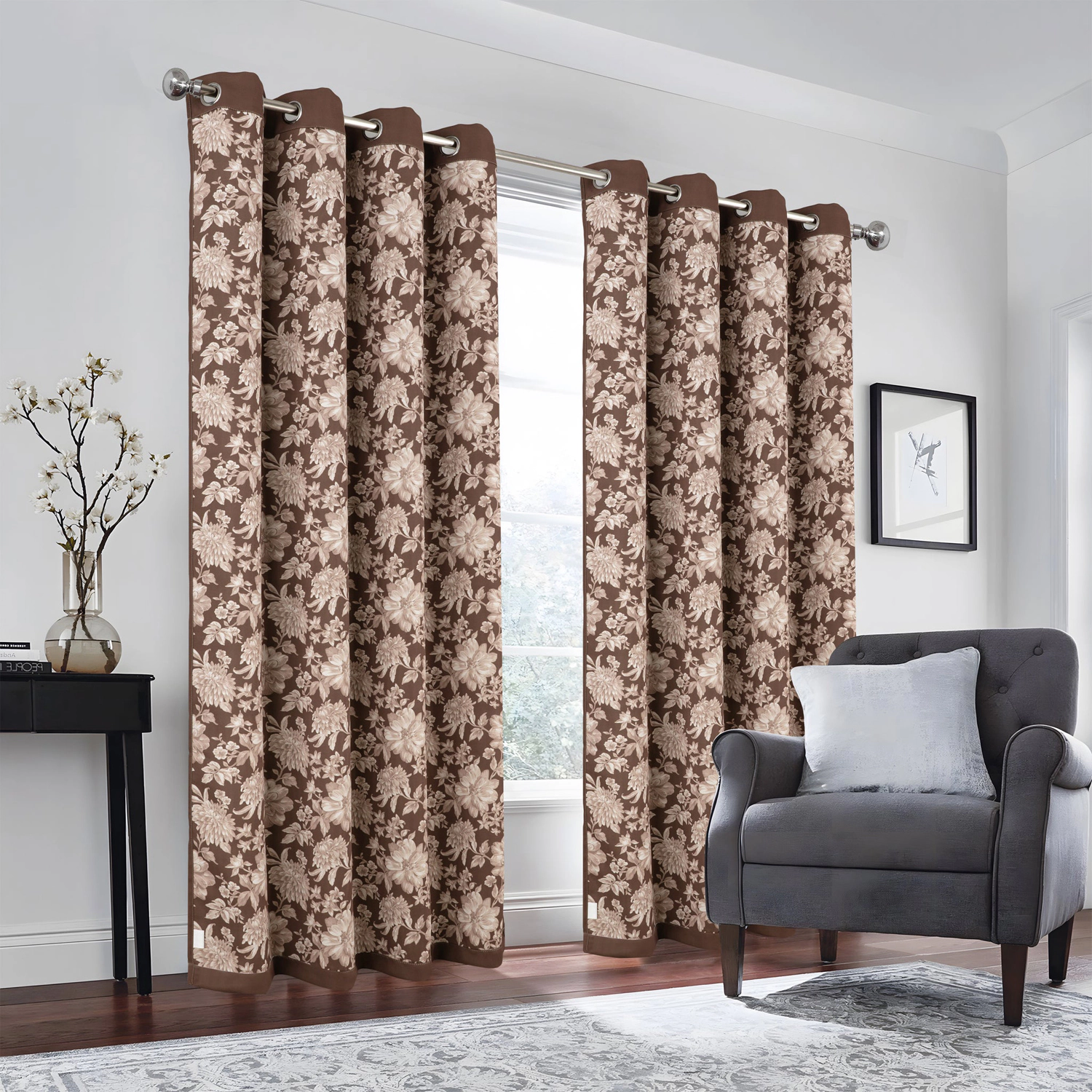 Olivia Gray 100% Polyester 190 GSM Eloise Reversible Blackout Grommet Curtain Panel 54" x 84" Mocha
