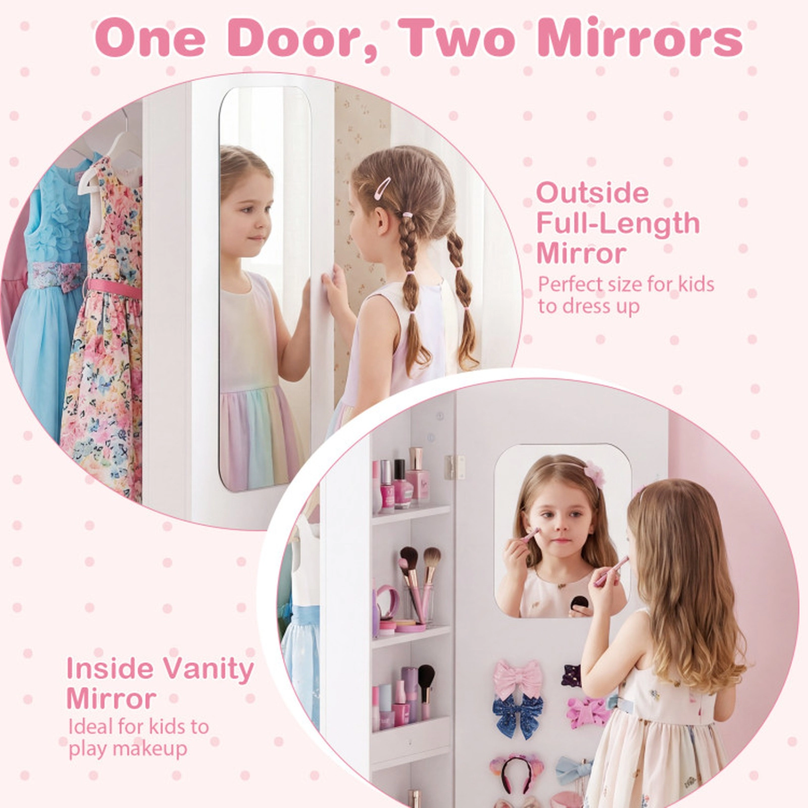 SUGIFT Pink Kids Dress Up Storage Wardrobe Closet with Full-Length Acrylic Mirror 3 Cubes and 20.5-in Hanging Rack